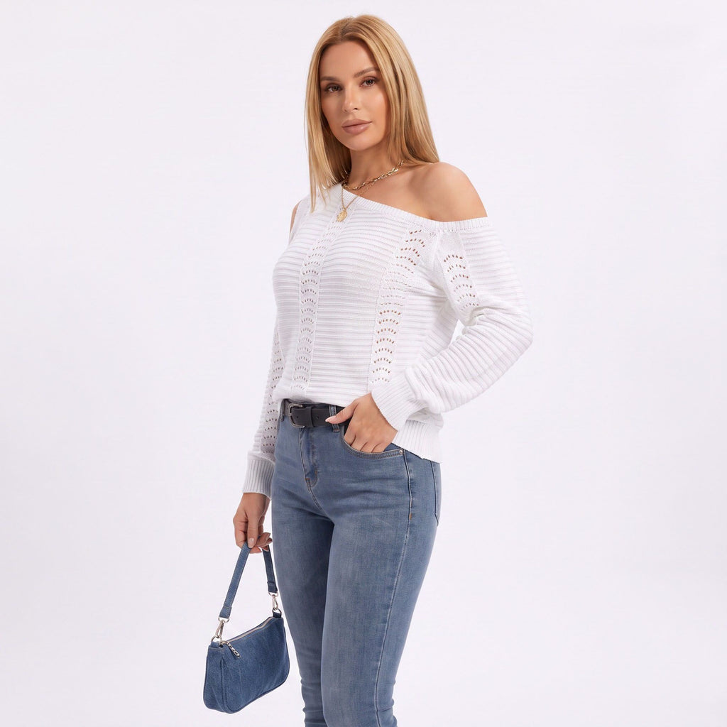 One Shoulder Cold Shoulder Pointelle Knit Long Sleeve Sweater