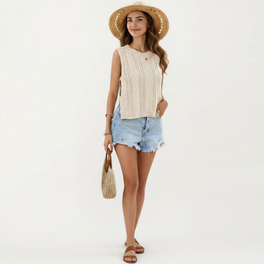 Anna-Kaci Women's Sleeveless Cable Knit Top with Crew Neck and Ribbed Hem