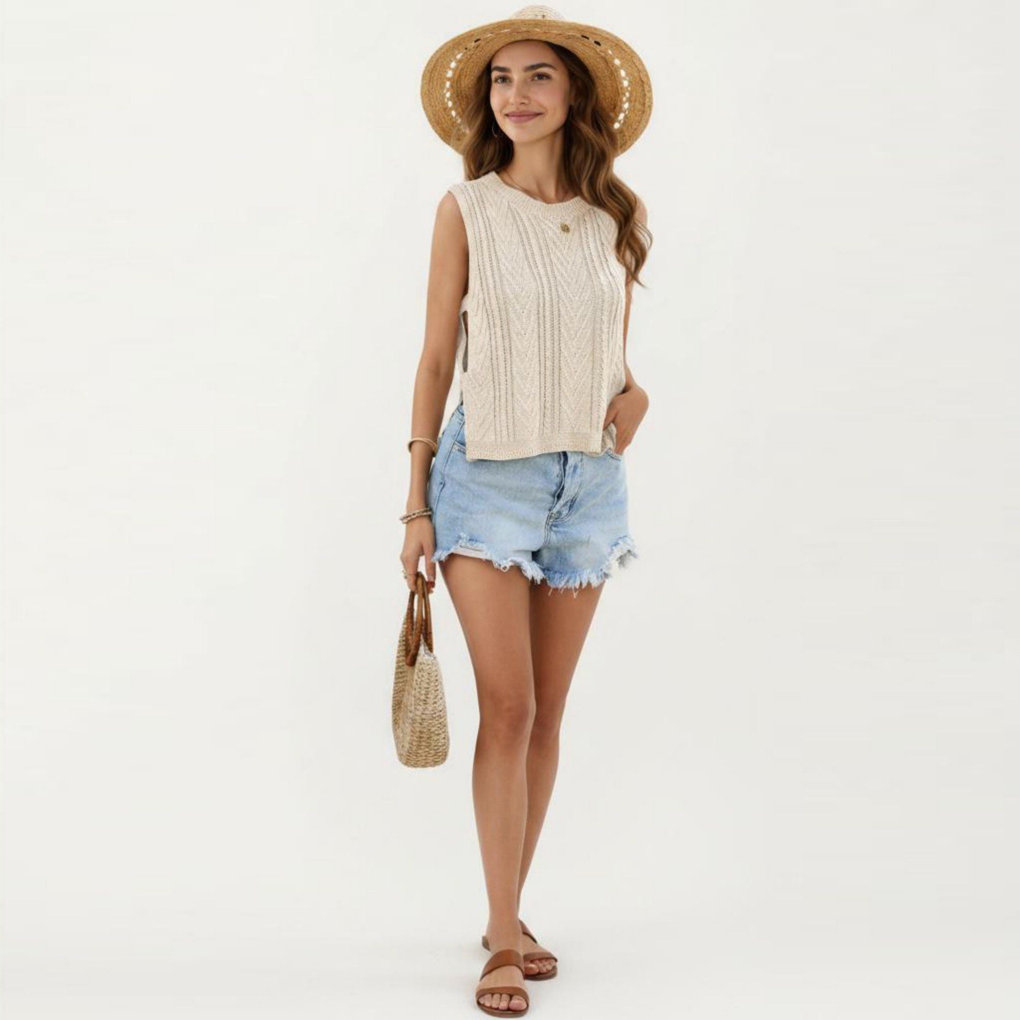 Anna-Kaci Women's Sleeveless Cable Knit Top with Crew Neck and Ribbed Hem