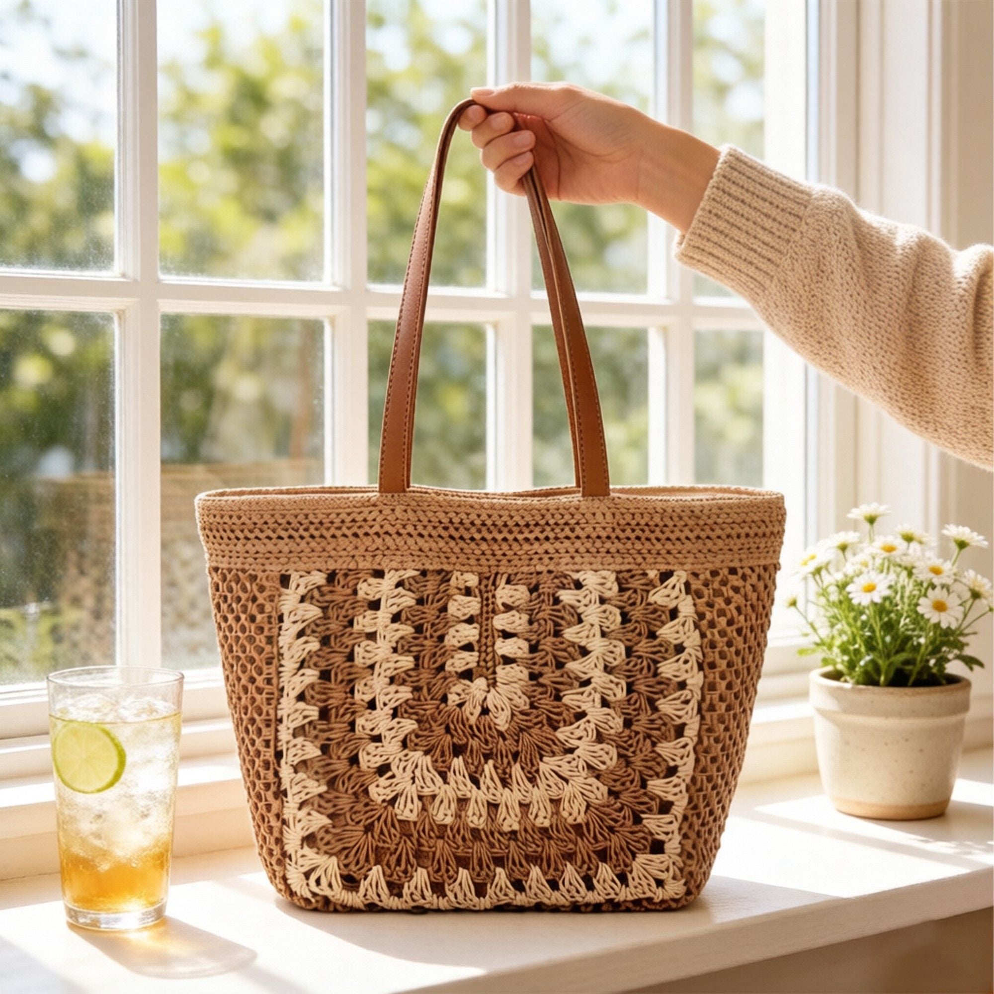Woven Crochet Tote Bag with Openwork Panel Design Leather Shoulder Strap Lightweight Knit Handbag