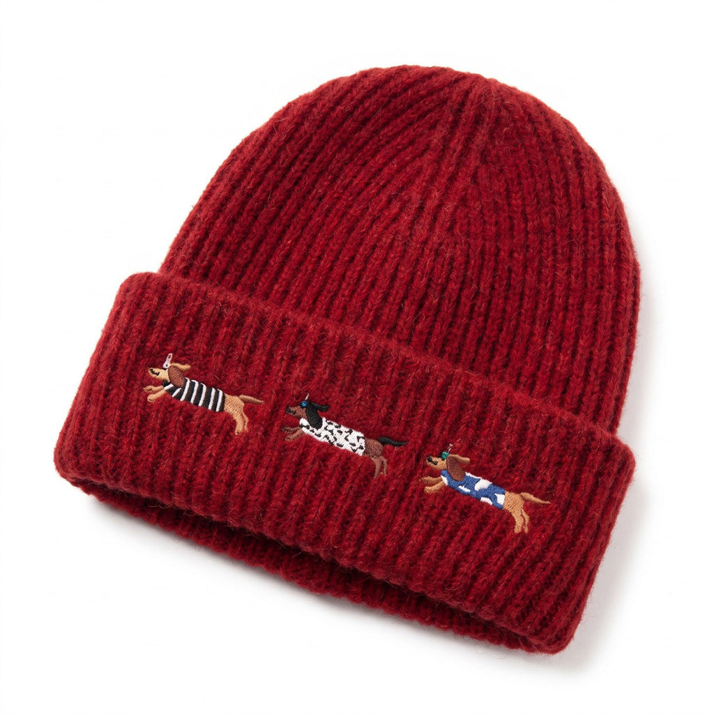 Embroidered Dachshund Knit Beanie Ribbed Cuff Winter Hat