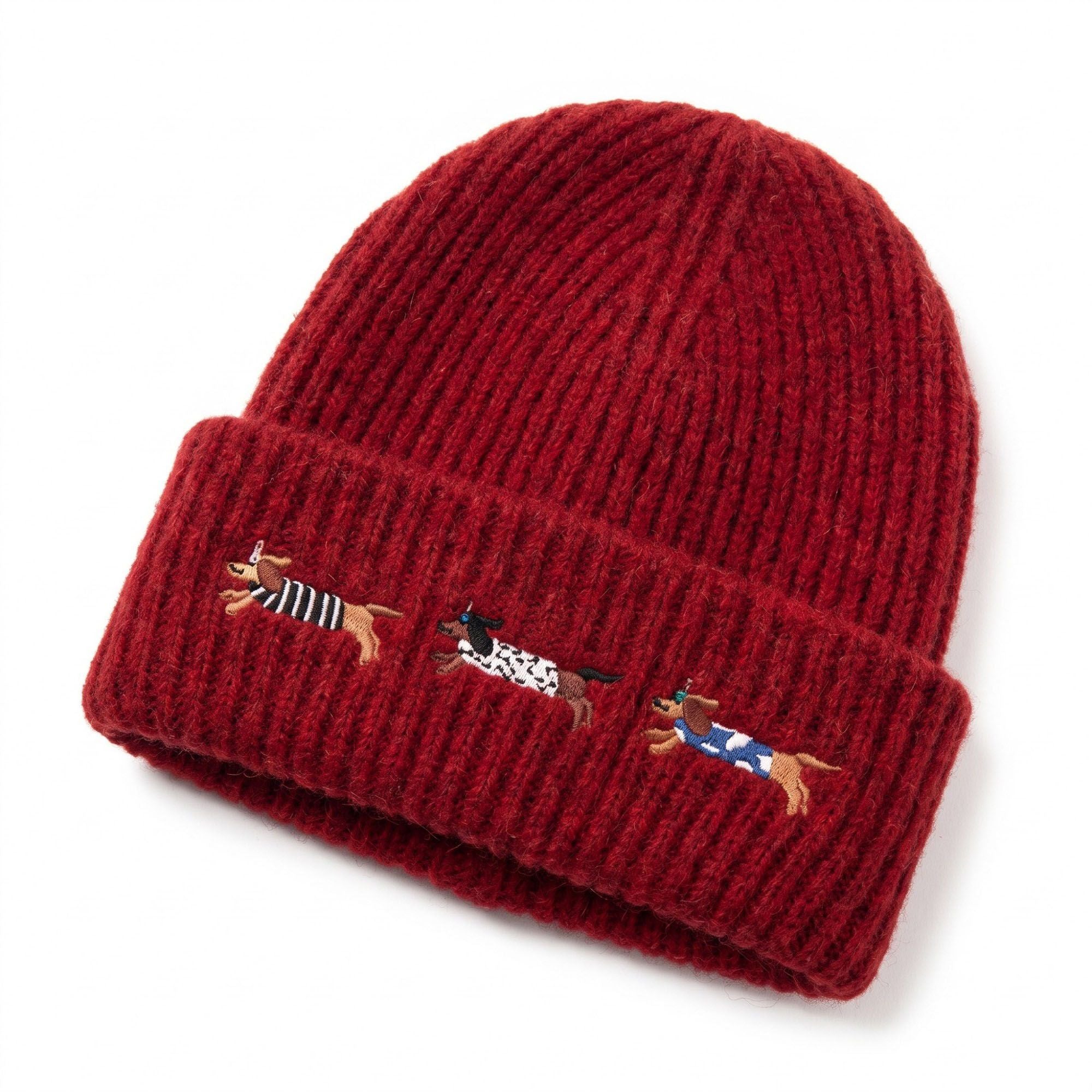 Embroidered Dachshund Knit Beanie Ribbed Cuff Winter Hat
