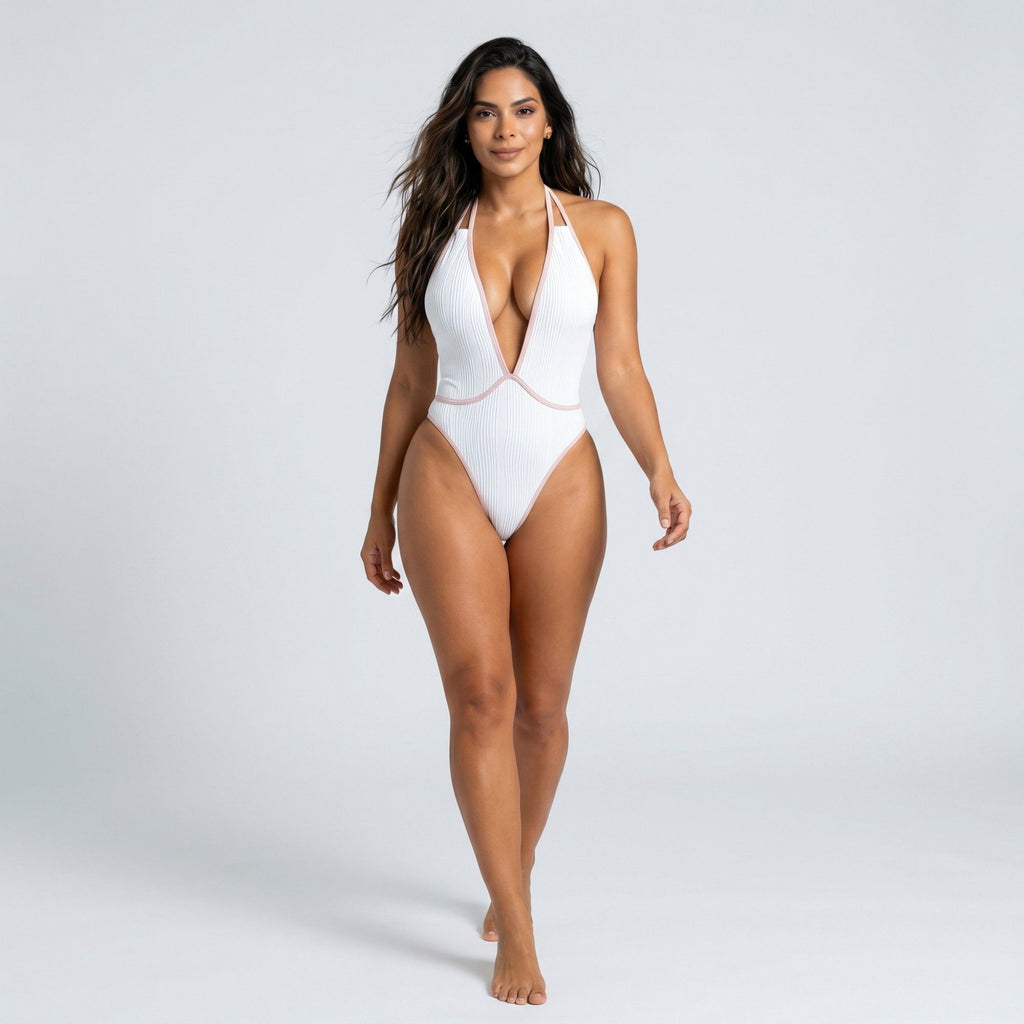 Anna-Kaci Swim Women's One Piece Swimsuit with Plunging Halter Neckline and Ribbed Textured Fabric