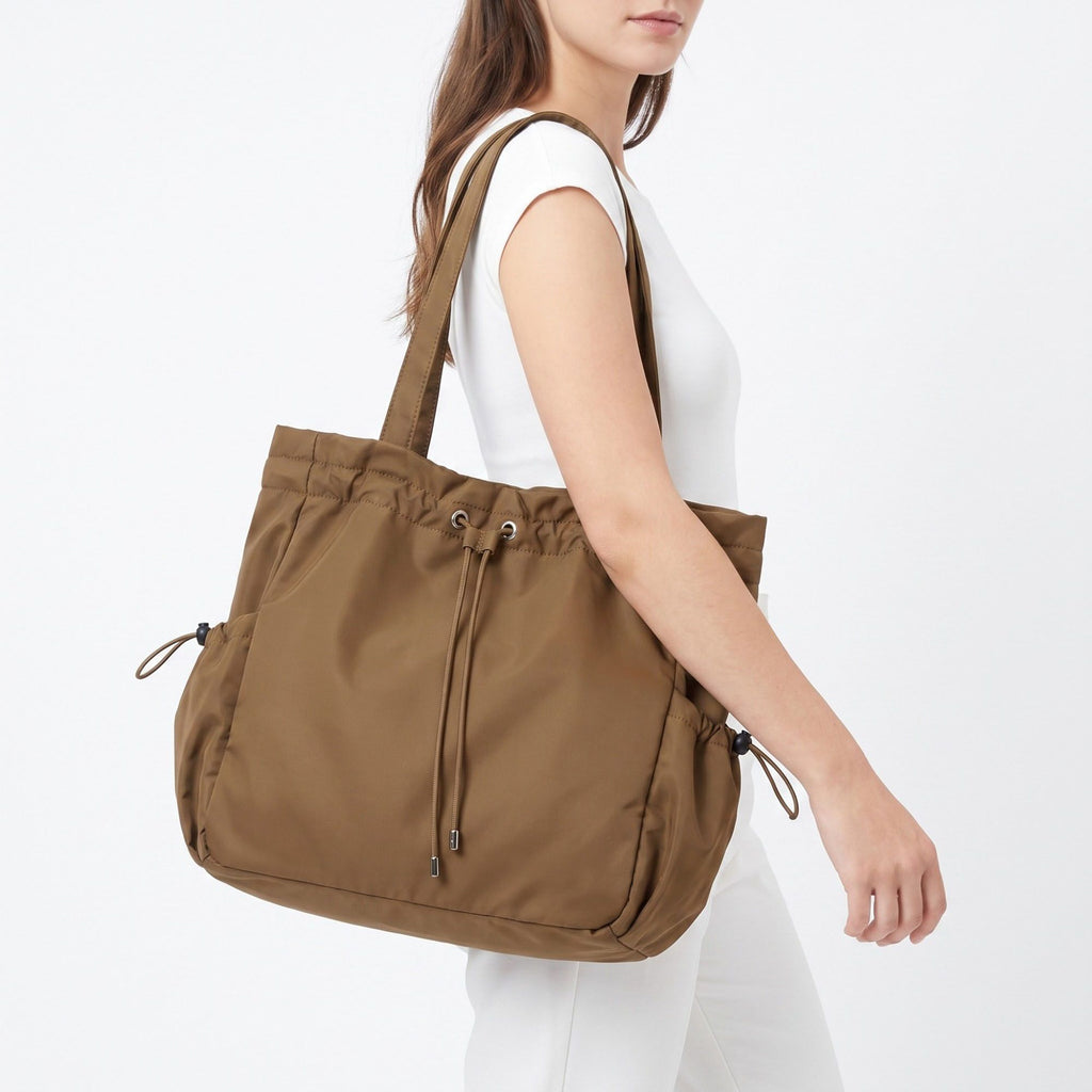 Drawstring Tote Bag with Long Shoulder Straps and Adjustable Side Pockets 12.5x13x5.5in