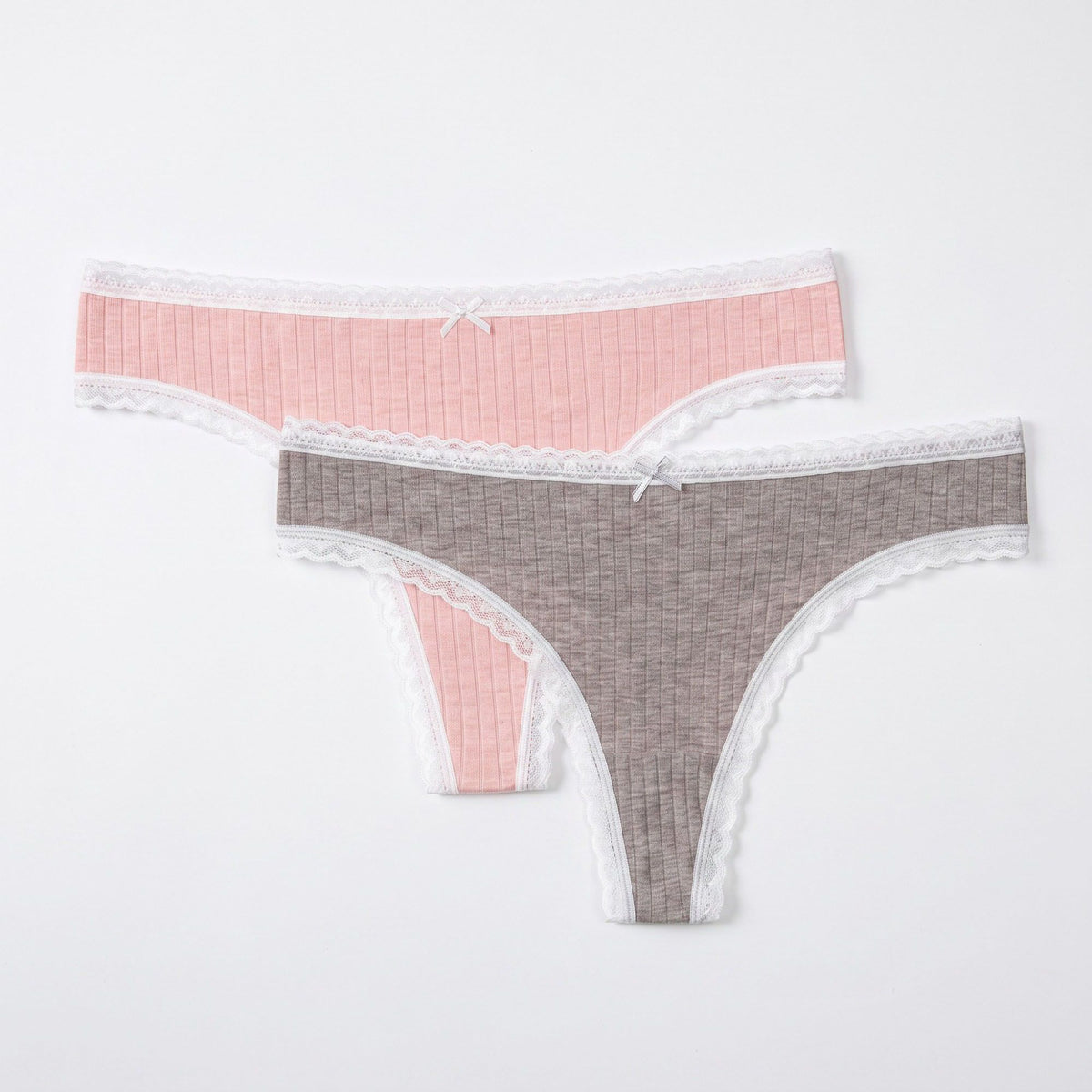 2 Pack Ribbed Lace Trim Thong Underwear
