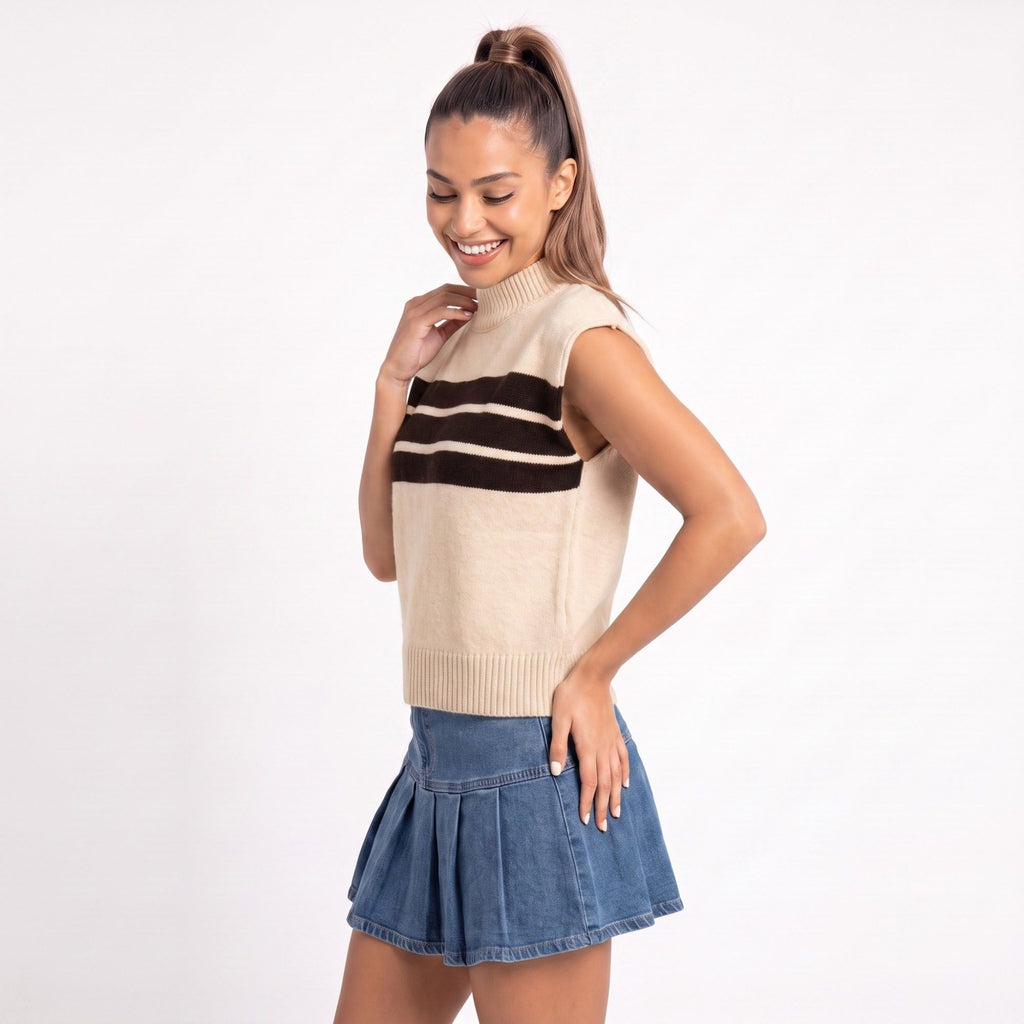 Striped Mock Neck Sleeveless Knit Sweater Vest