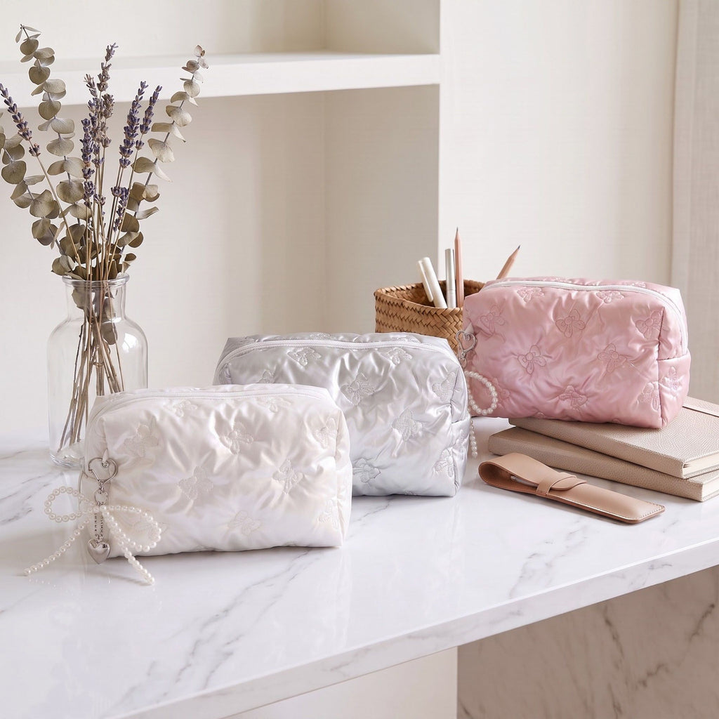 Womens Quilted Bow Makeup Bag with Pearl Charm Cosmetic Pouch