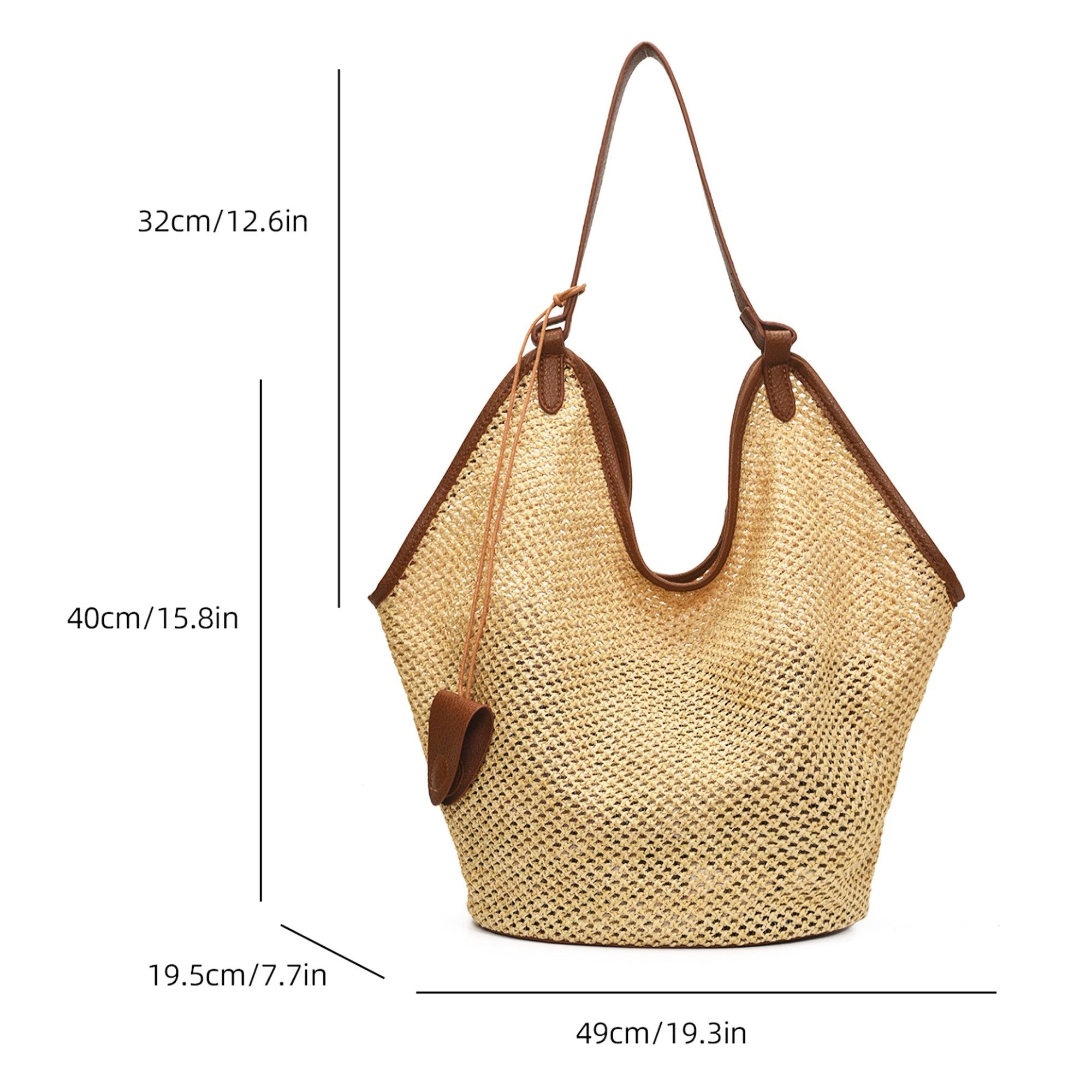 Woven Shoulder Bag with Faux Leather Trim Slouchy Hobo Handbag Lightweight Large Capacity Tote
