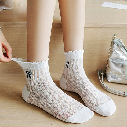 Anna-Kaci Women's Summer Ribbed Ankle Socks with Bow Embroidery 5Pk