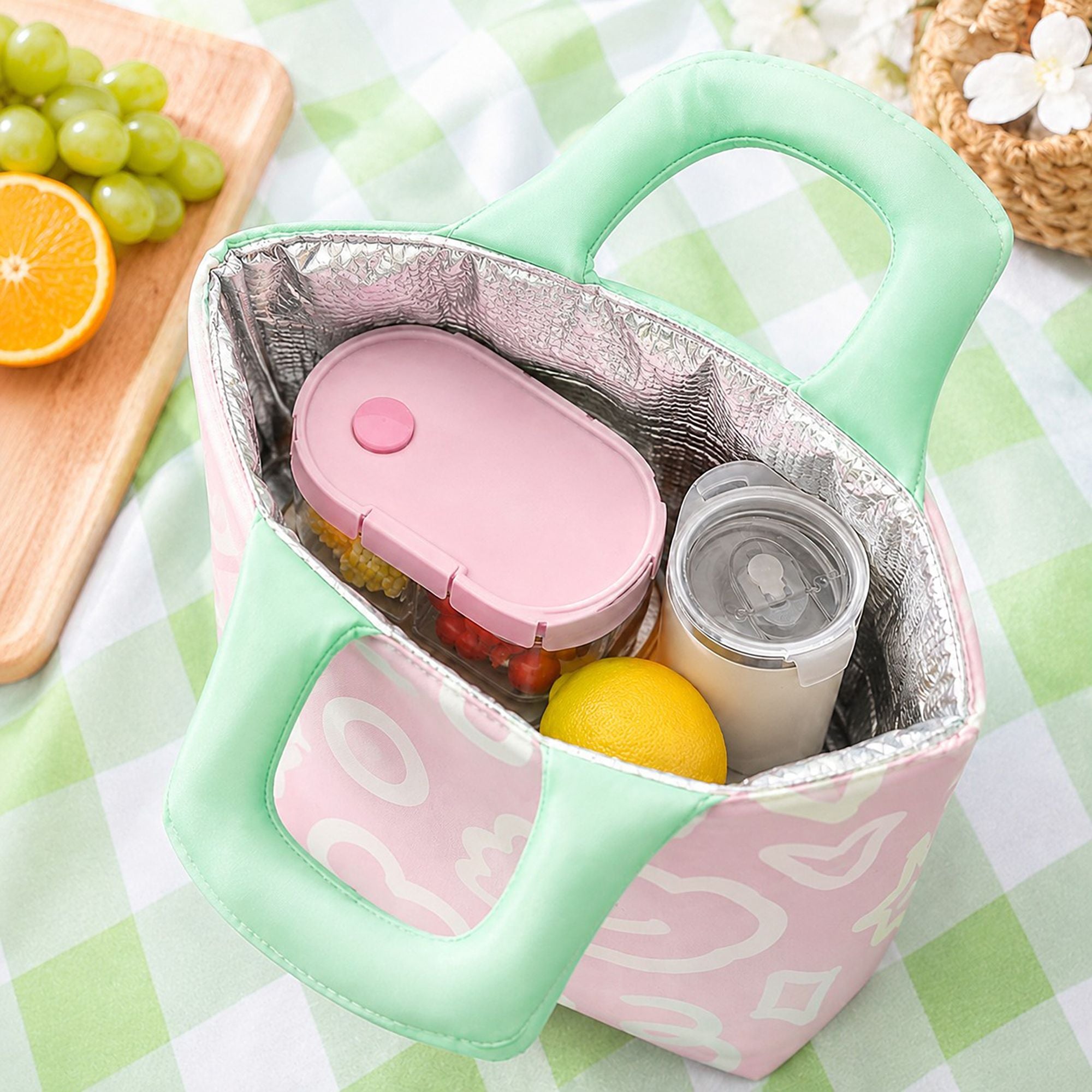 Printed Lunch Tote Bag with Padded Handles and Zipper Closure