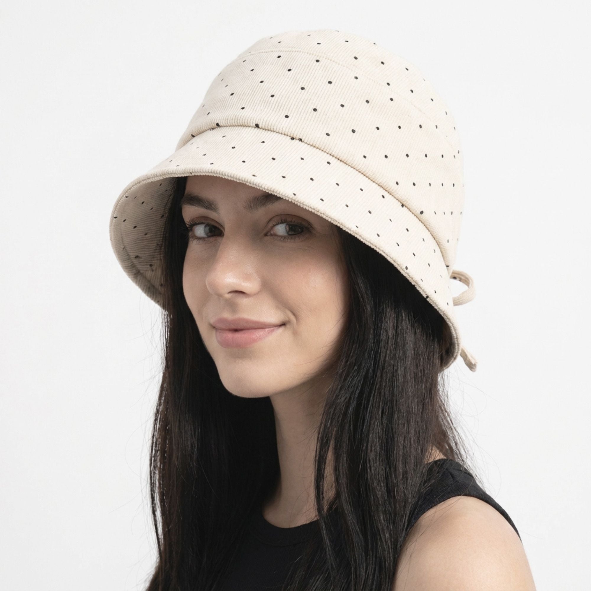 Polka Dot Corduroy Bucket Hat Wide Brim Tie Back Sun Hat