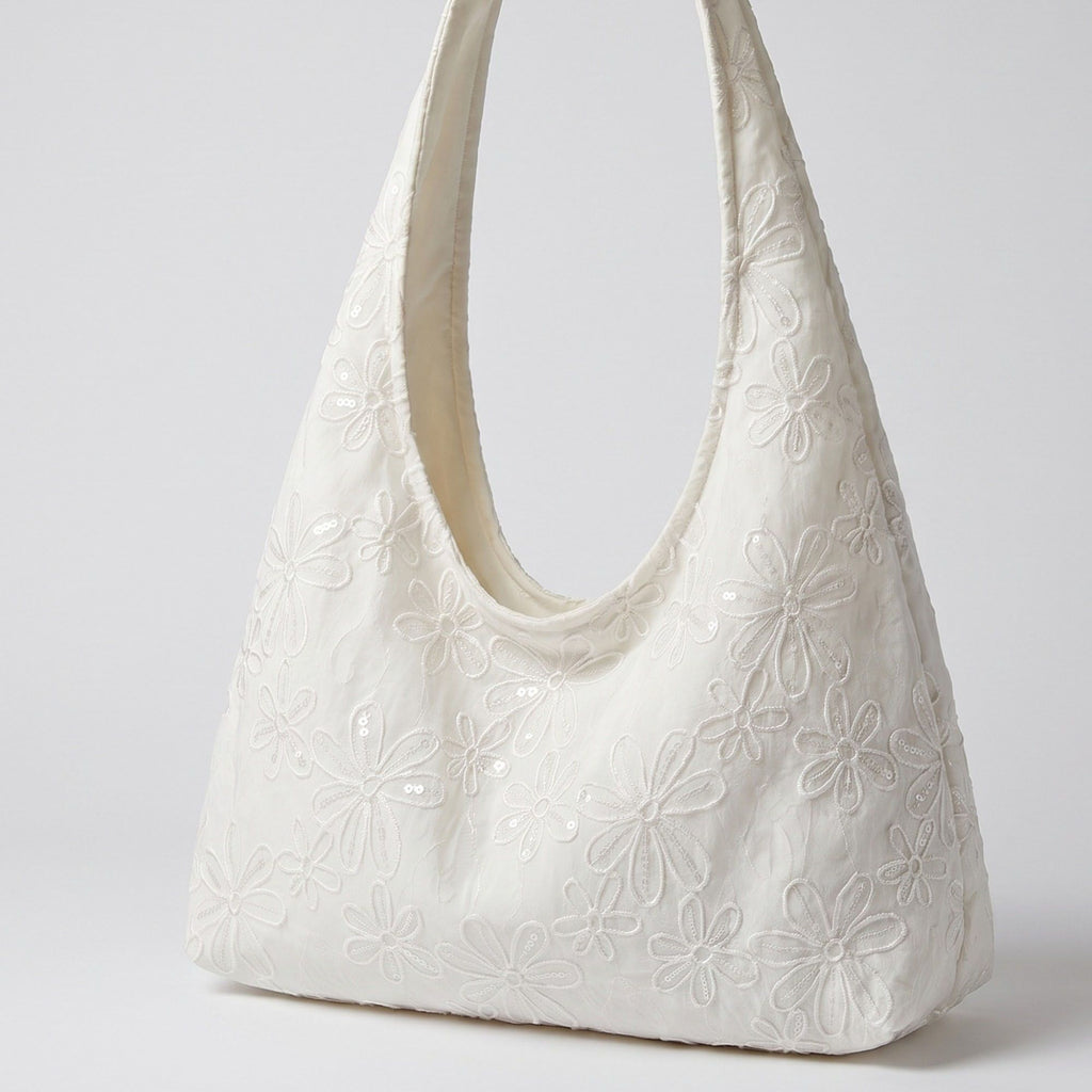 Floral Sequin Lace Slouchy Hobo Bag 15.5x10.5x4.5in