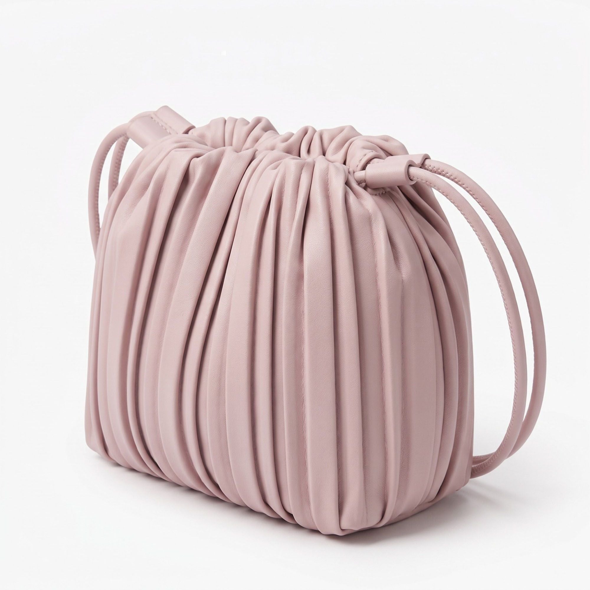 Pleated Crossbody Bucket Bag with Long Shoulder Strap and Gathered Top 7.5x8.5x3.5in