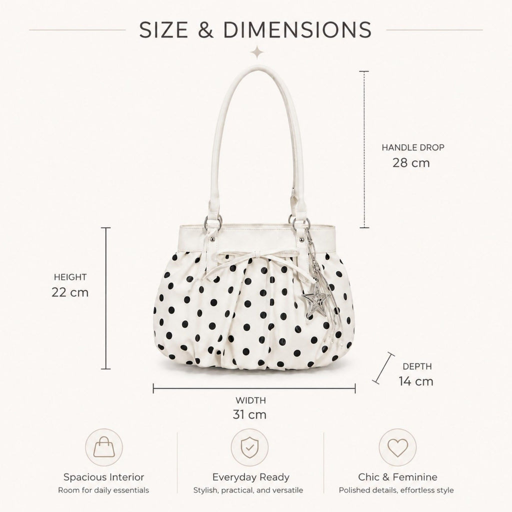 Polka Dot Ruched Shoulder Bag with Bow Detail and Metal Charm
