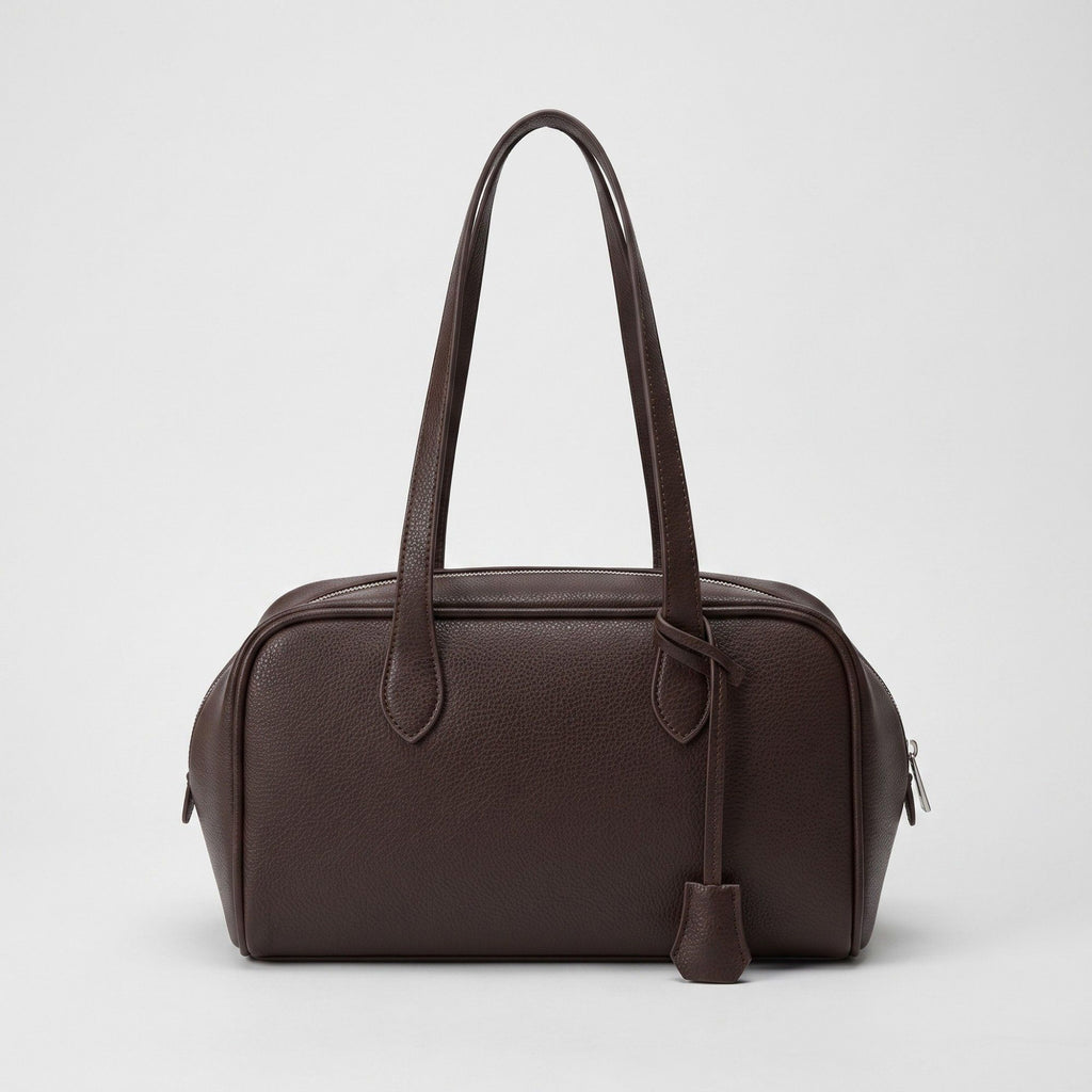 Smooth Grain Rectangular Boston Shoulder Bag with Fixed Long Top Handles & Full Zip Closure 11.8x7.1x4.7in