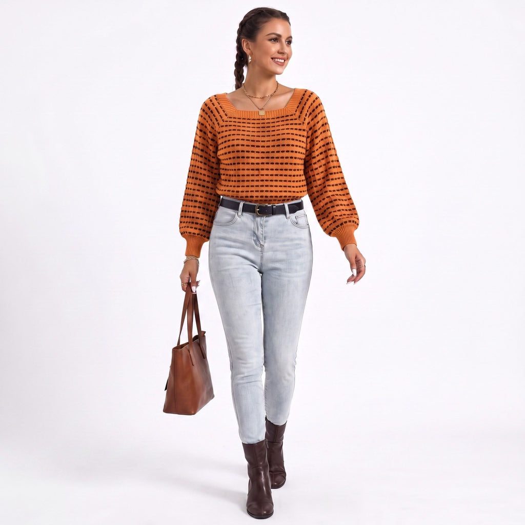 Square Neck Textured Stripe Balloon Sleeve Knit Sweater