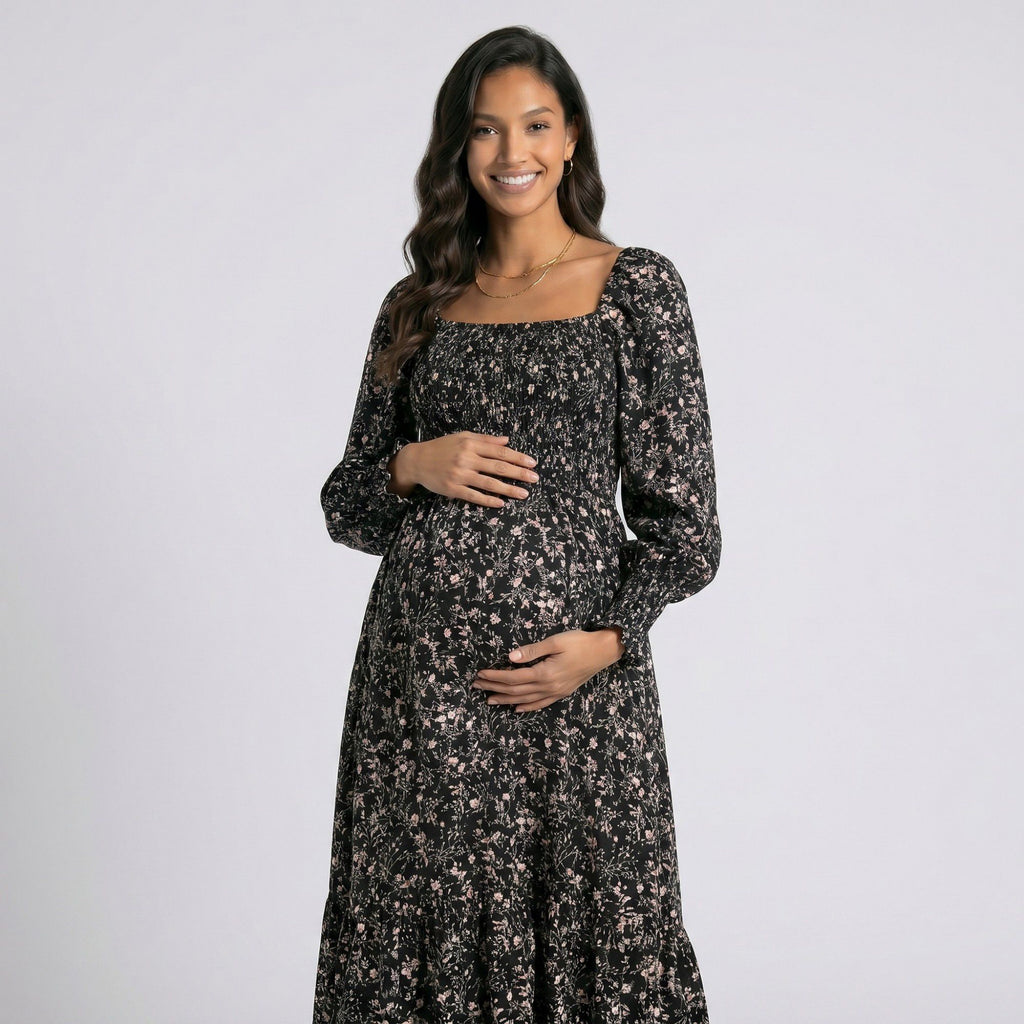 Anna-Kaci Women's Maternity Floral Square Neck Midi Dress with Long Sleeves and Smocked Bodice