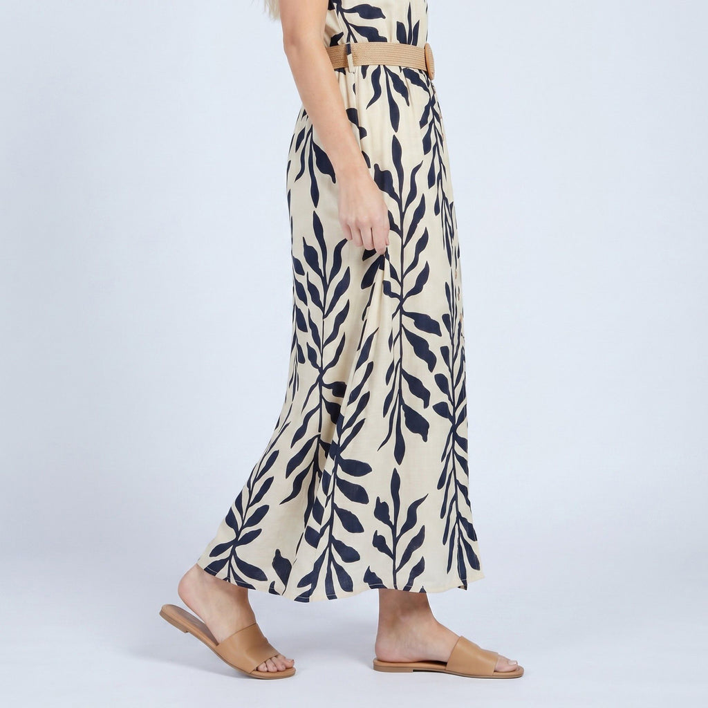 Anna-Kaci Women's Sleeveless Leaf Print Button Front Belted Maxi Dress