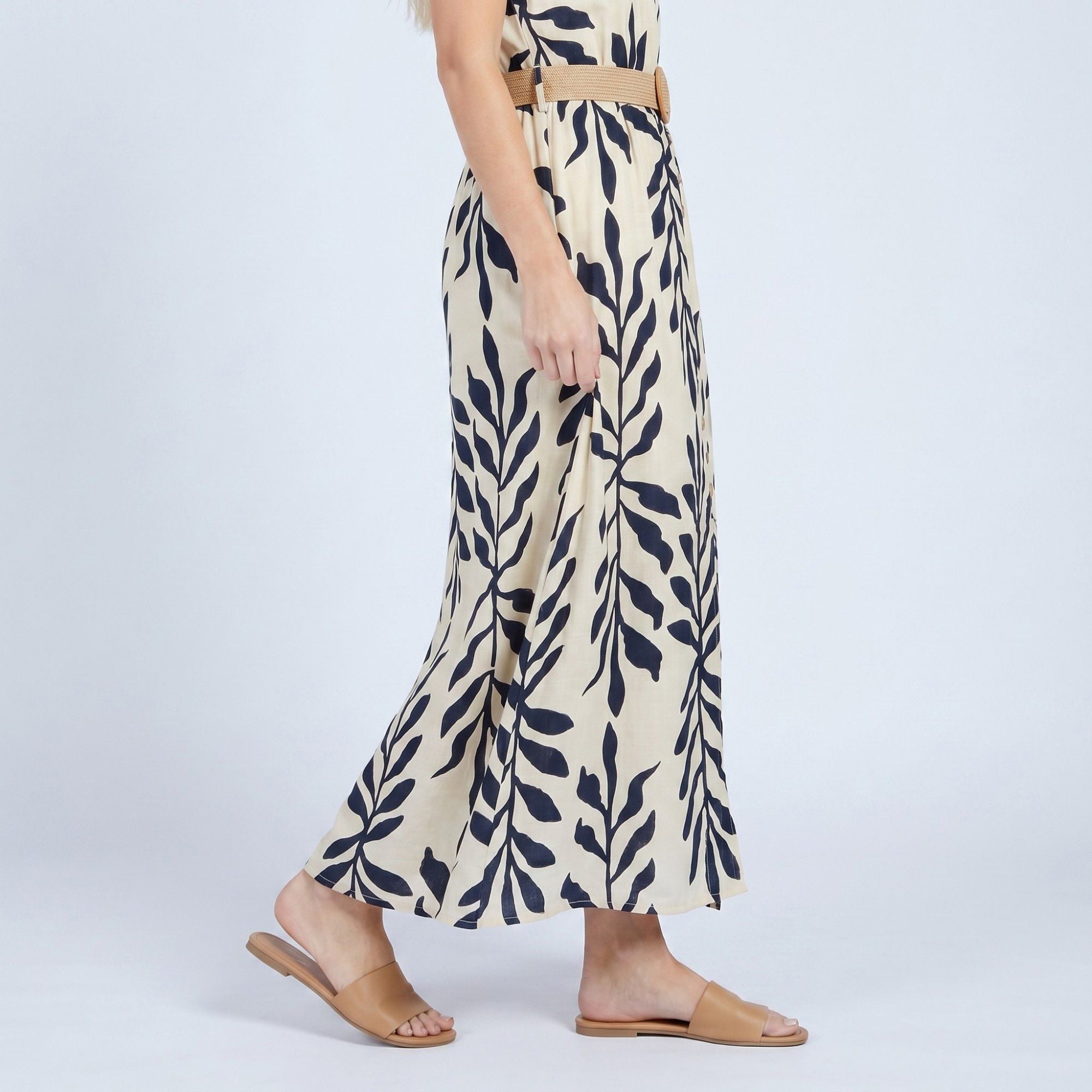 Anna-Kaci Women's Sleeveless Leaf Print Button Front Belted Maxi Dress