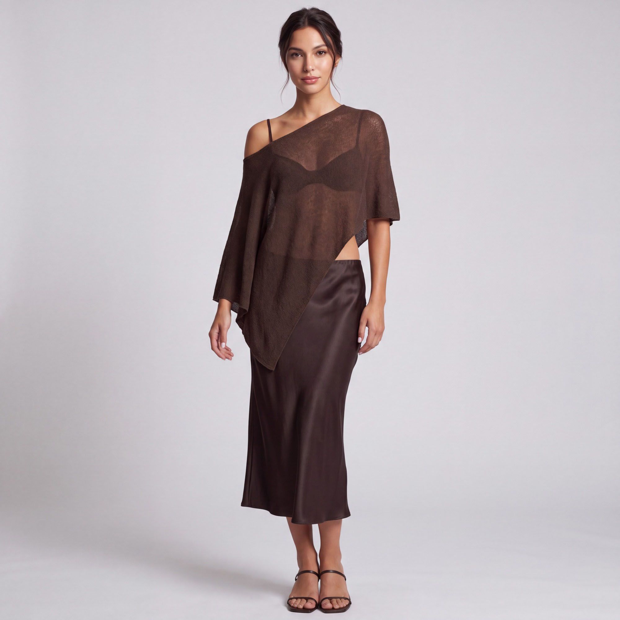 Sheer Open Knit Asymmetrical Poncho Top with One Shoulder Neckline, Draped Sleeve and Pointed Hem