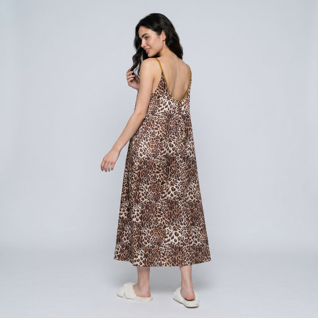 2-Piece Leopard Print Nightgown Robe Set with Spaghetti Strap Dress