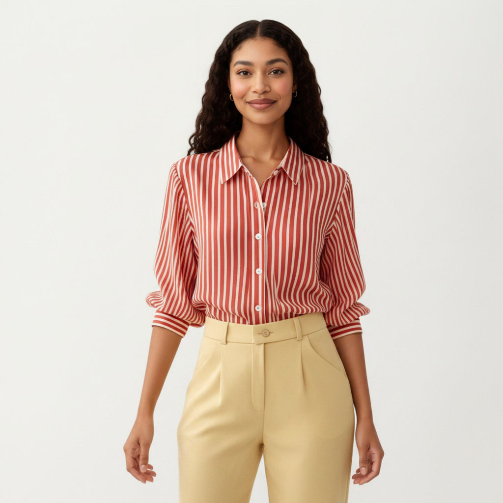 Anna-Kaci Women's Striped Button Down Blouse with Collared Neckline and Puff Sleeves