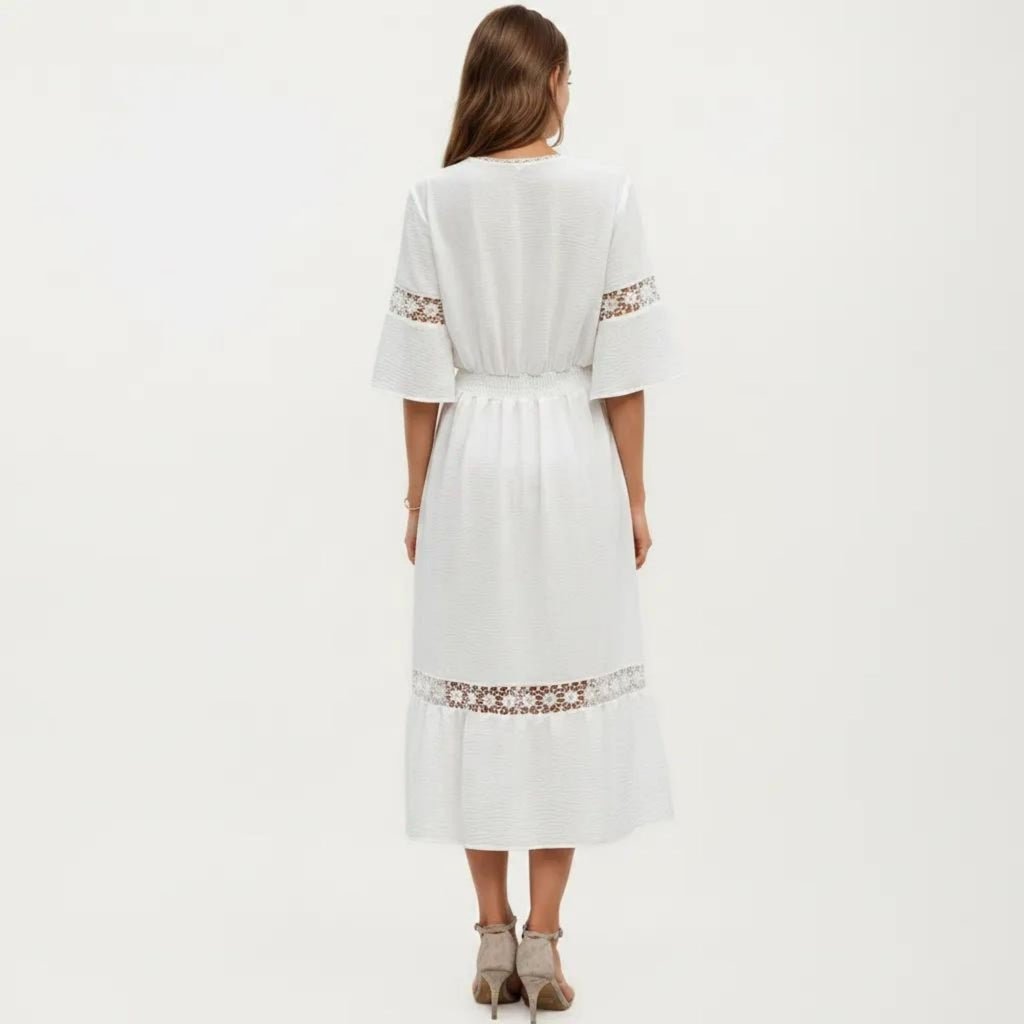 Anna-Kaci Women's V Neck Midi Dress with Lace Trim Paneling and Short Wide Sleeves Flowing Silhouette