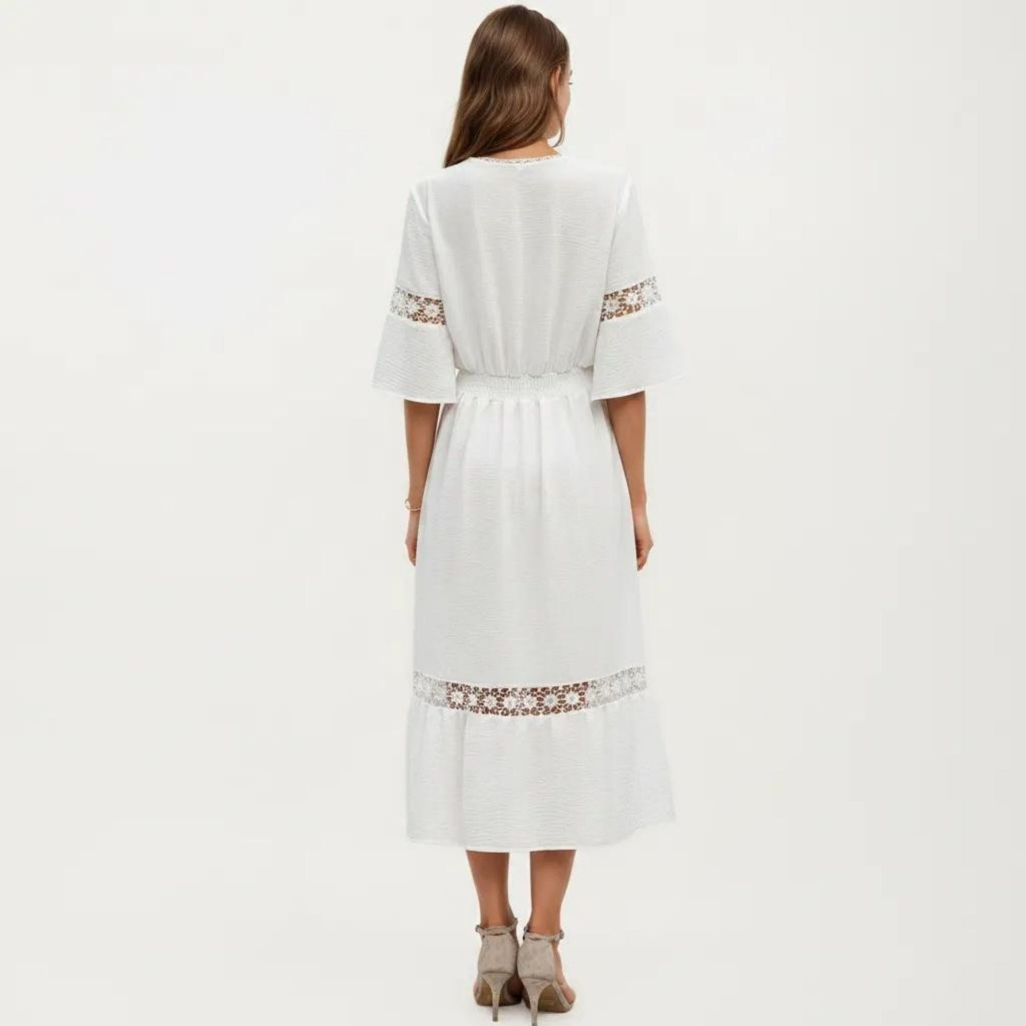 Anna-Kaci Women's V Neck Midi Dress with Lace Trim Paneling and Short Wide Sleeves Flowing Silhouette