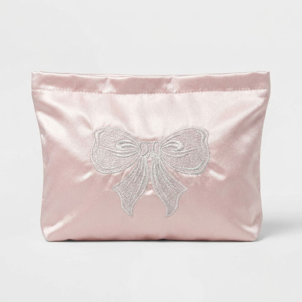Satin Makeup Bag Bow Embroidered Cosmetic Pouch Travel Toiletry Organizer