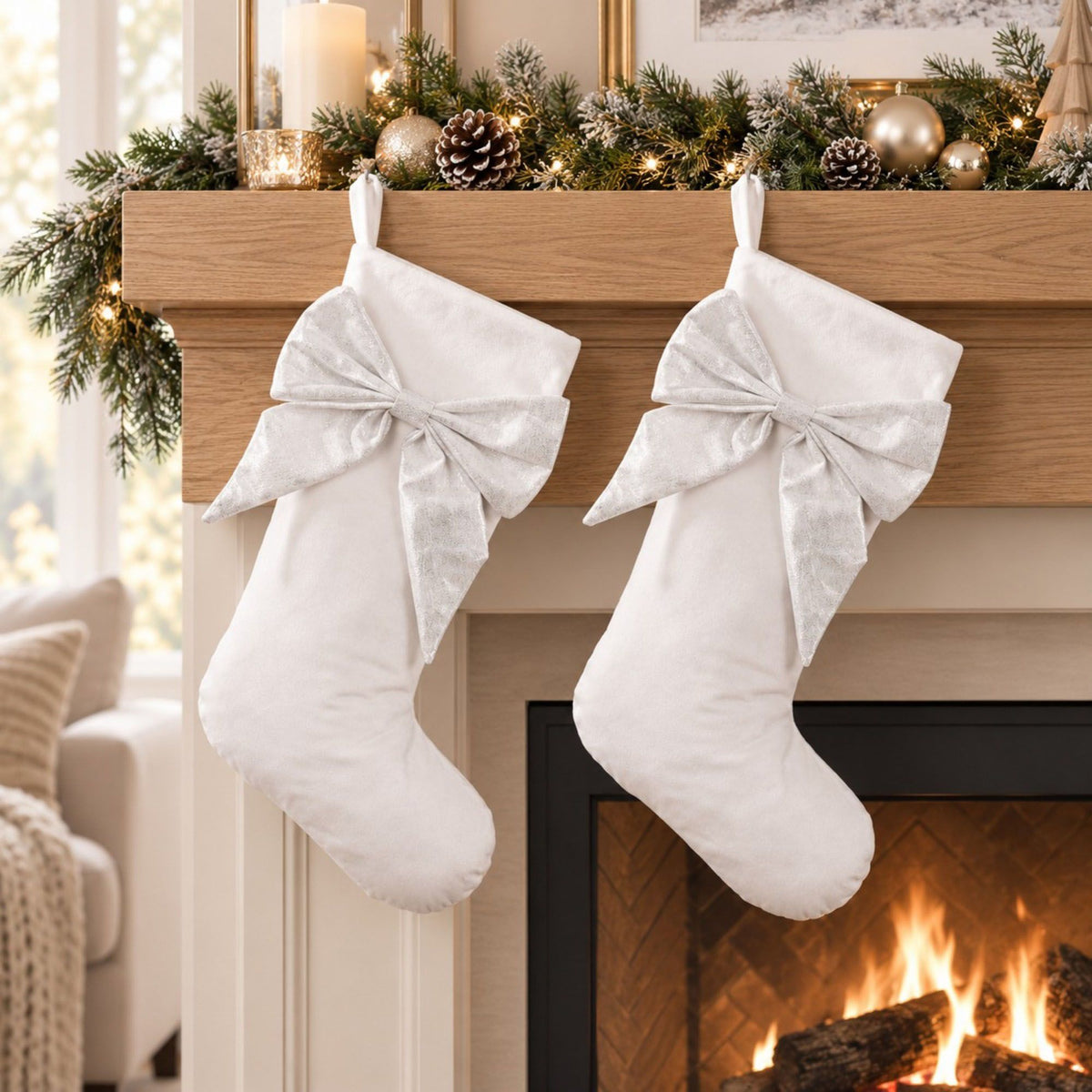 2 Pack 18 Inch Christmas Stockings with Oversized Bow Hanging Loop Holiday Mantel Decor