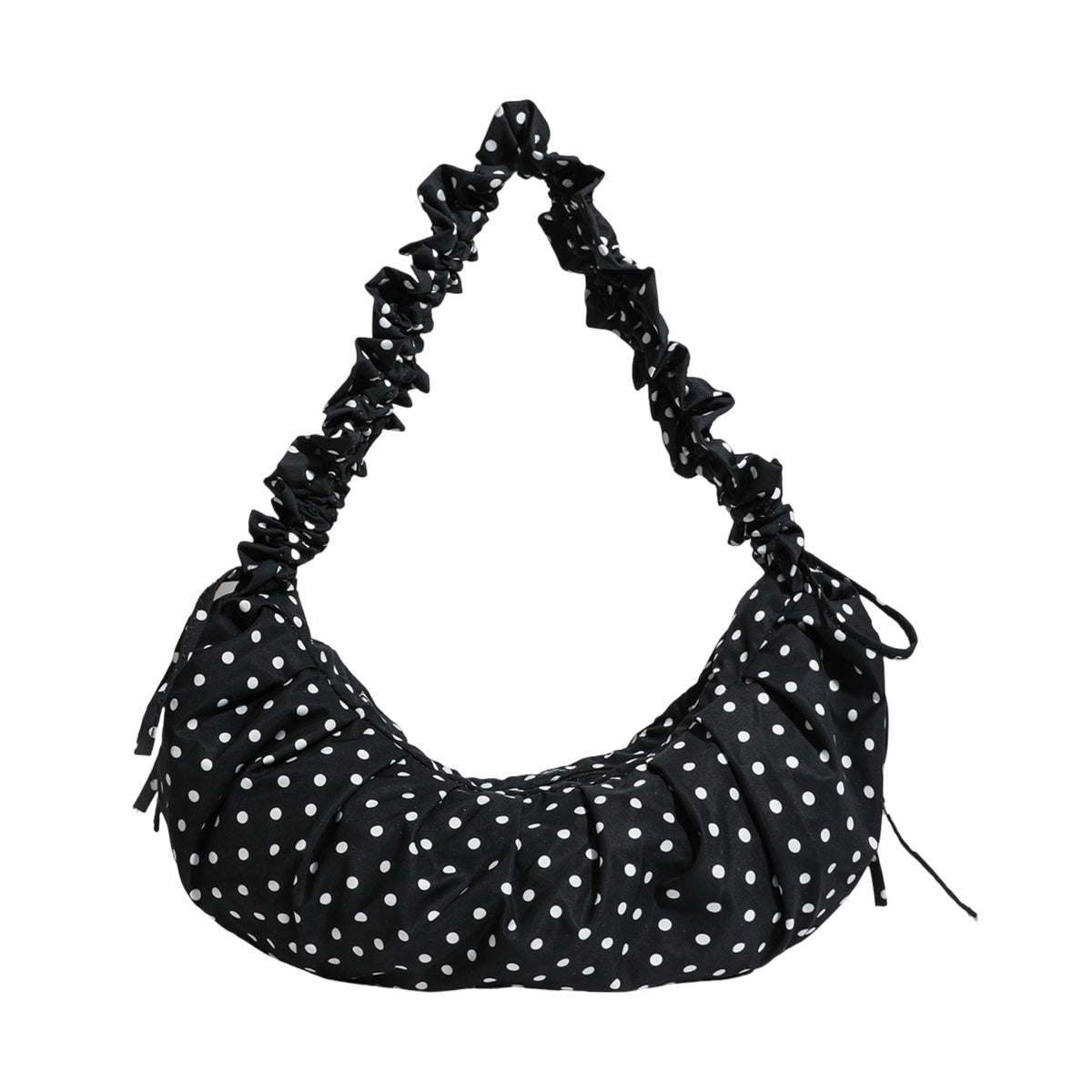 Pink shoulder bag with polka dot, denim and ruched