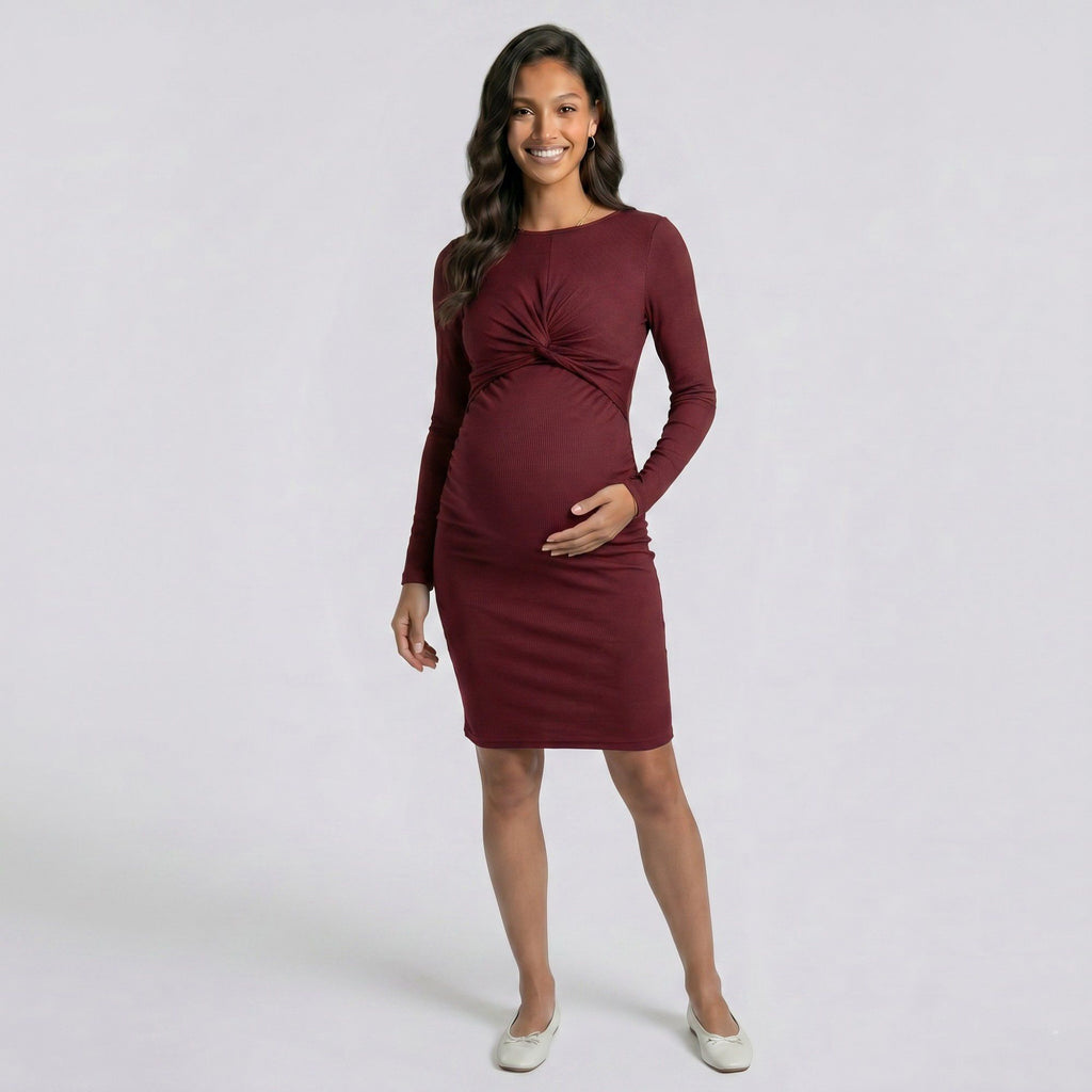Anna-Kaci Women's Maternity Ribbed Long Sleeve Bodycon Dress with Front Twist Detail