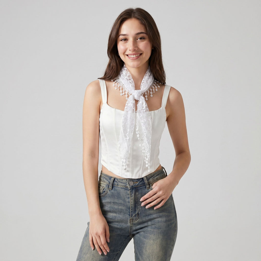 Sheer Embroidered Triangle Scarf with Floral Lace Trim and Tie Wrap Design