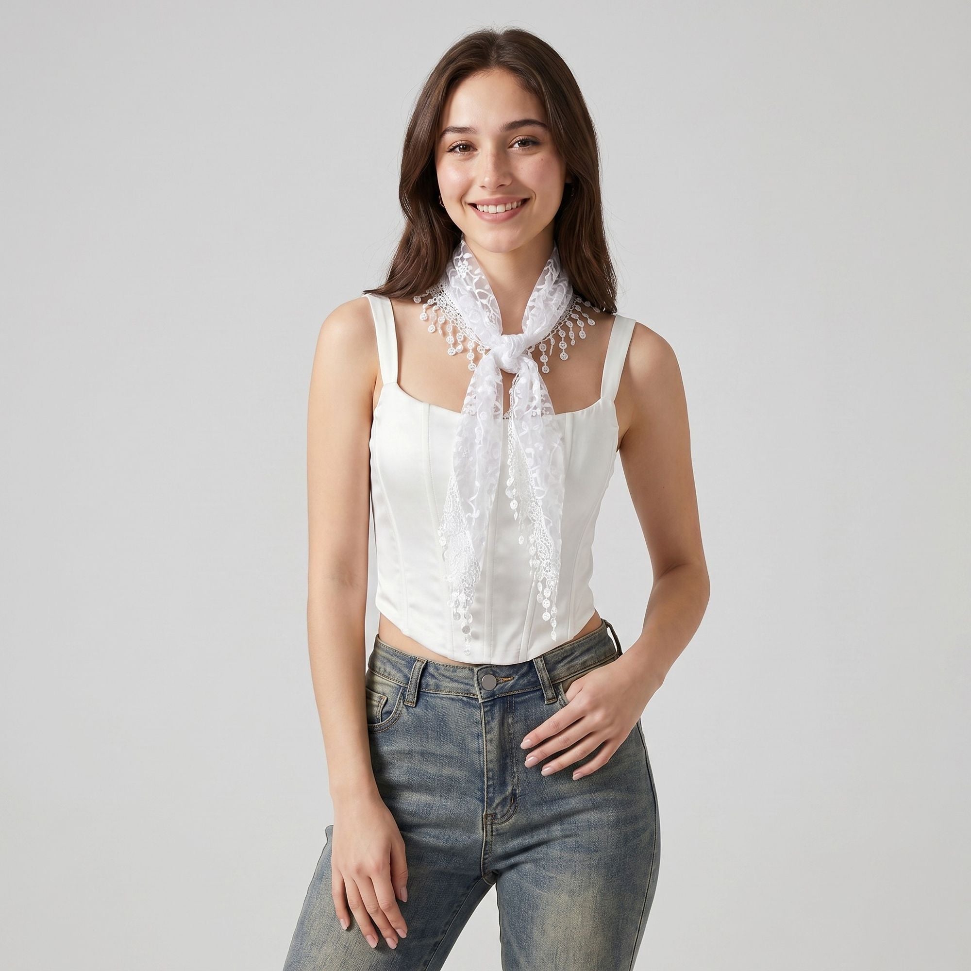 Sheer Embroidered Triangle Scarf with Floral Lace Trim and Tie Wrap Design