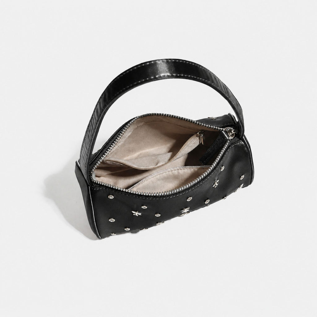 Studded Satin Shoulder Bag with Zip Closure and Interior Pocket