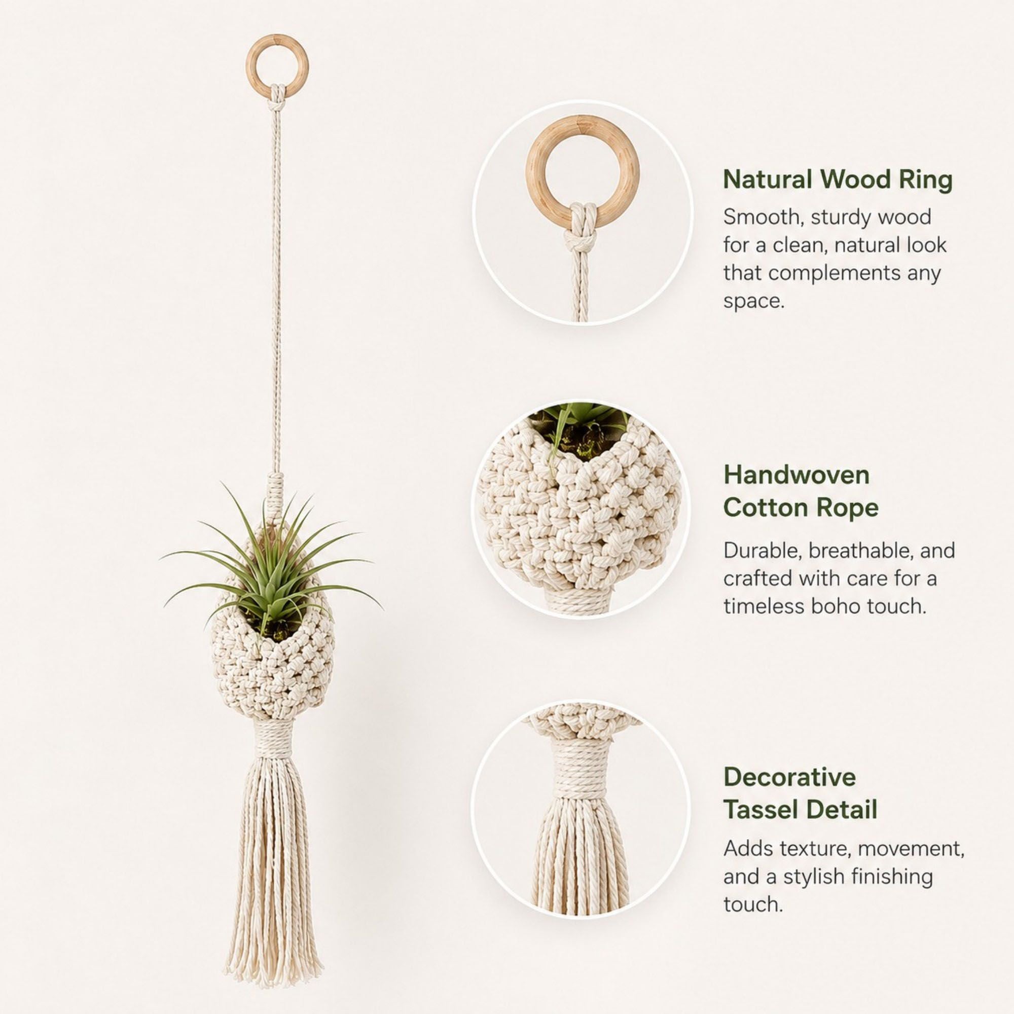 Macrame Hanging Basket with Wood Ring Tassel for Plant and Home Storage