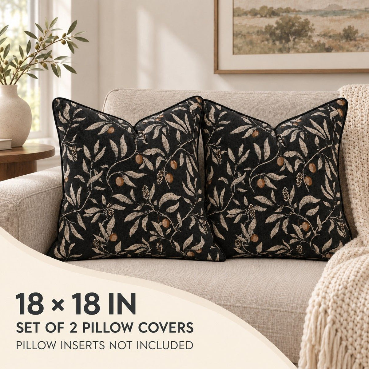 2 Pack Botanical Leaf Velvet Throw Pillow Covers 18 x 18 Inch with Piped Edges