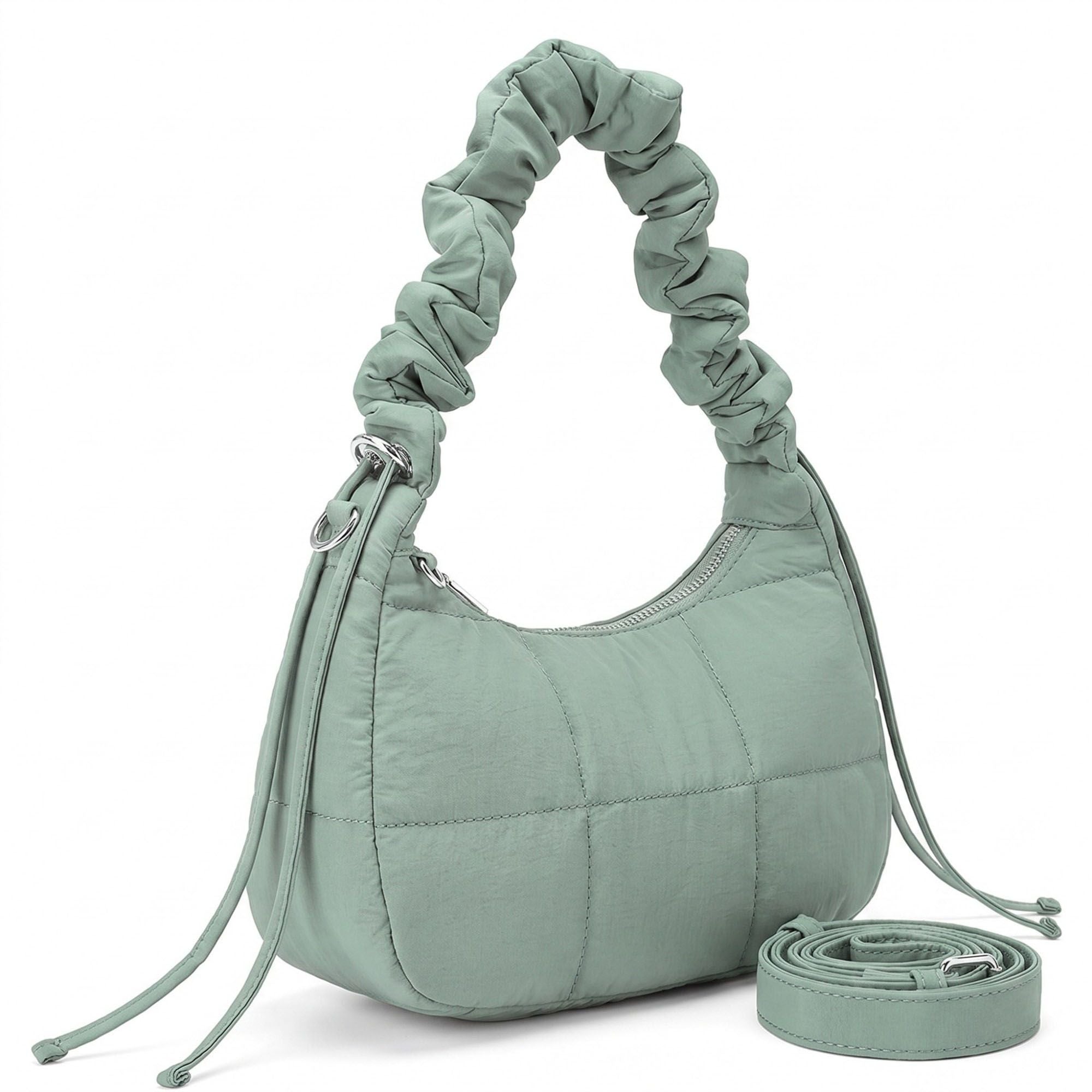 Quilted Crescent Shoulder Bag with Ruched Handle and Detachable Crossbody Strap 10.5x4x6in