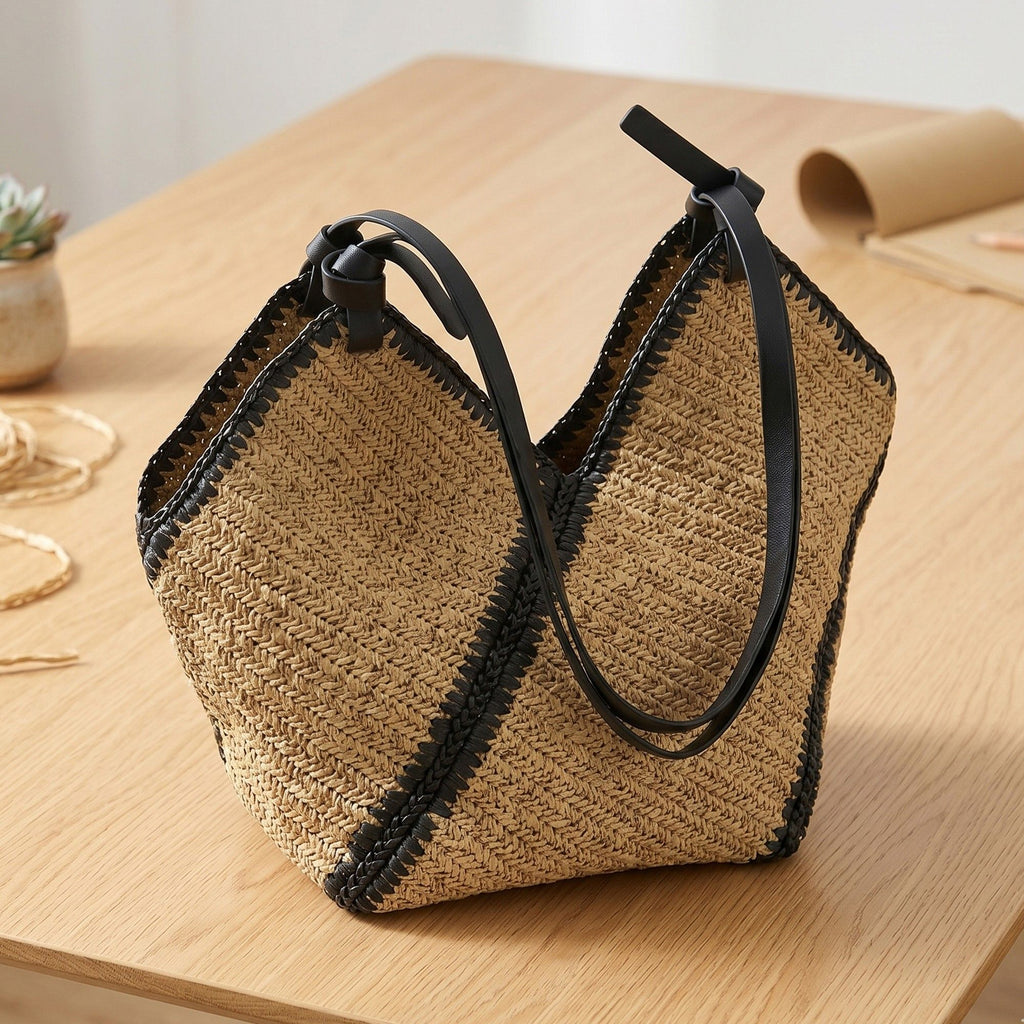Woven Crochet Hobo Bag with Contrast Trim Slouchy Shoulder Handbag Lightweight Knit Tote