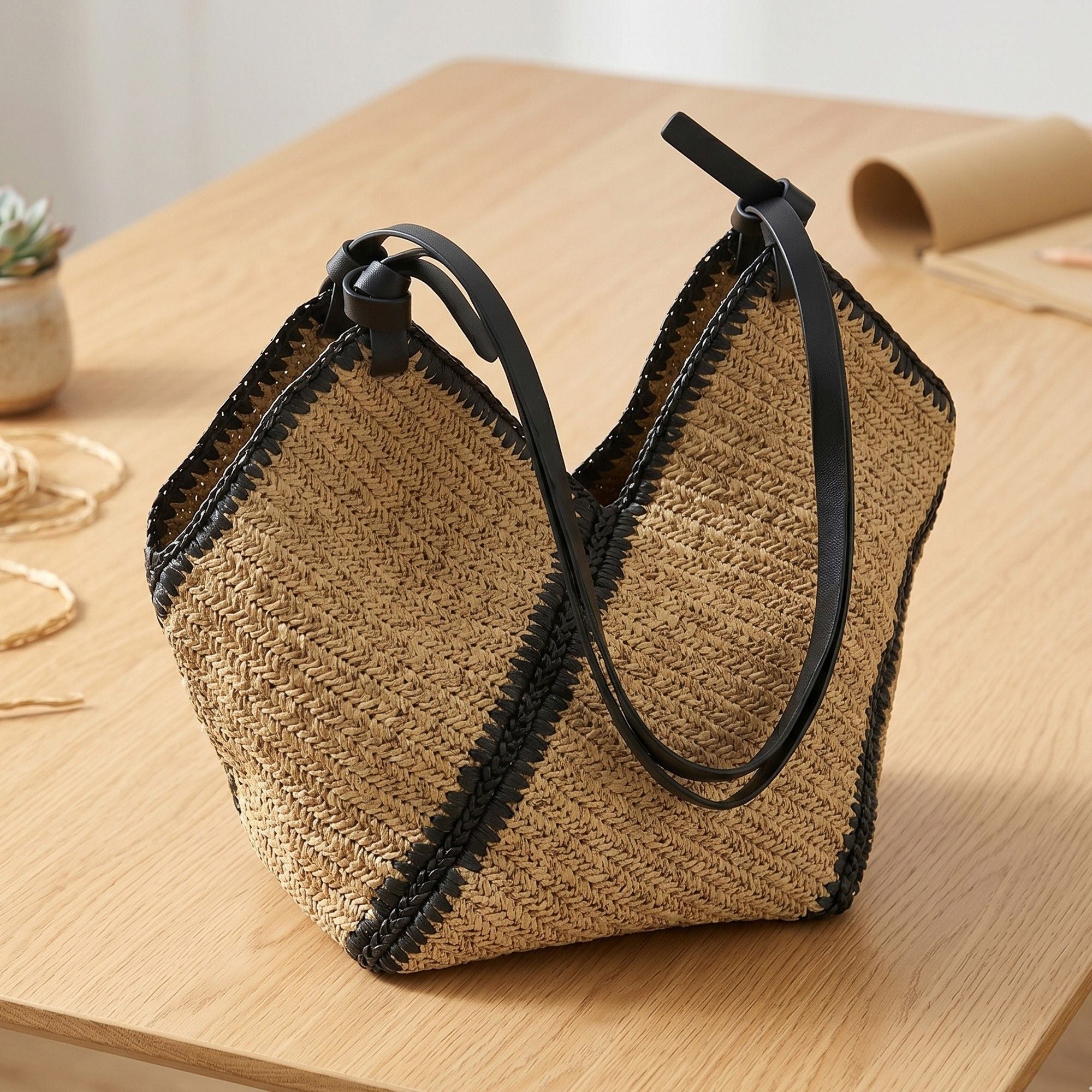 Woven Crochet Hobo Bag with Contrast Trim Slouchy Shoulder Handbag Lightweight Knit Tote