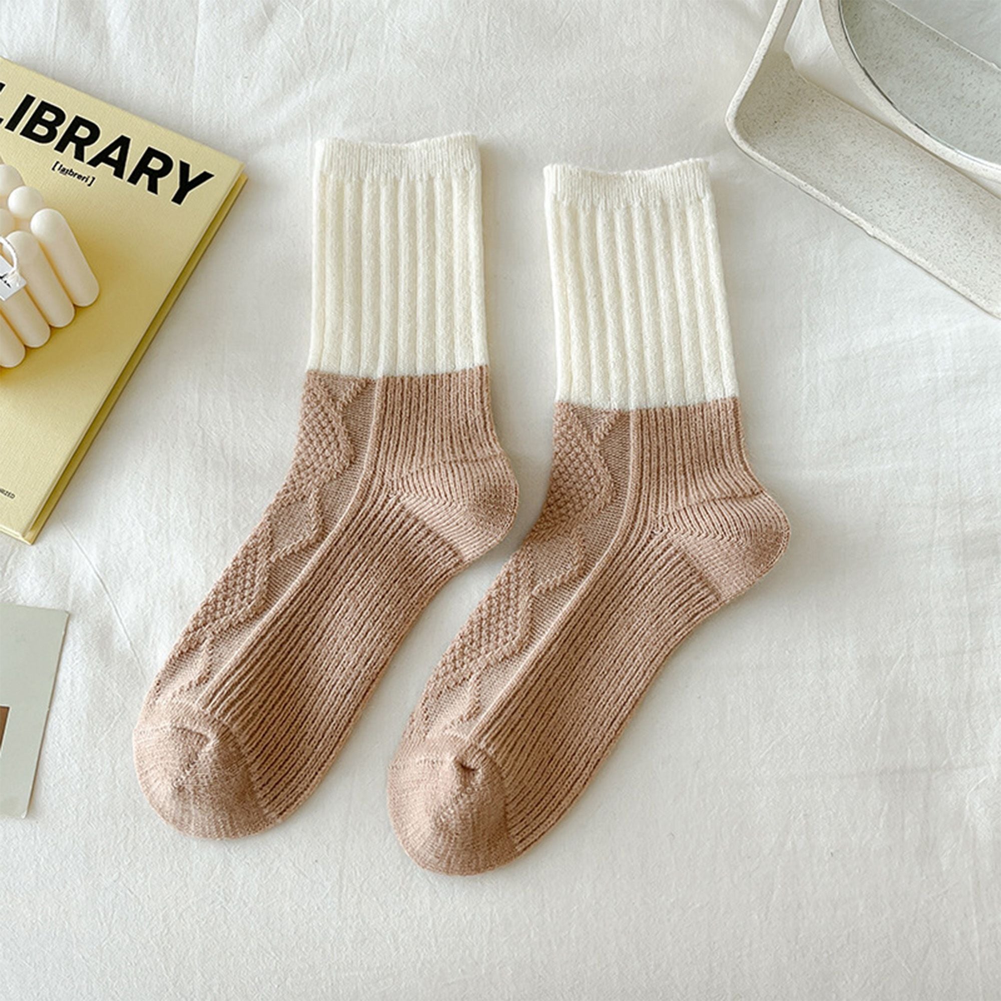 Anna-Kaci 3-PC Ribbed Crew Socks with Color Block Design Soft Knit Texture Comfortable Everyday Fit Single Pair
