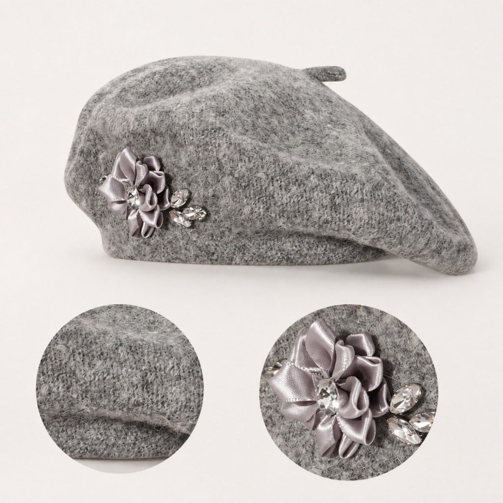 Rhinestone & Flower Embellished Knit Wool Beret