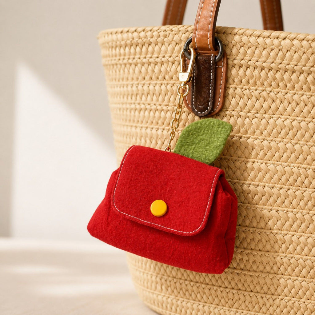 Apple-Shaped Mini Coin Purse Keychain with Snap Flap, Leaf Accent and Compact Earbud Card Storage Pouch