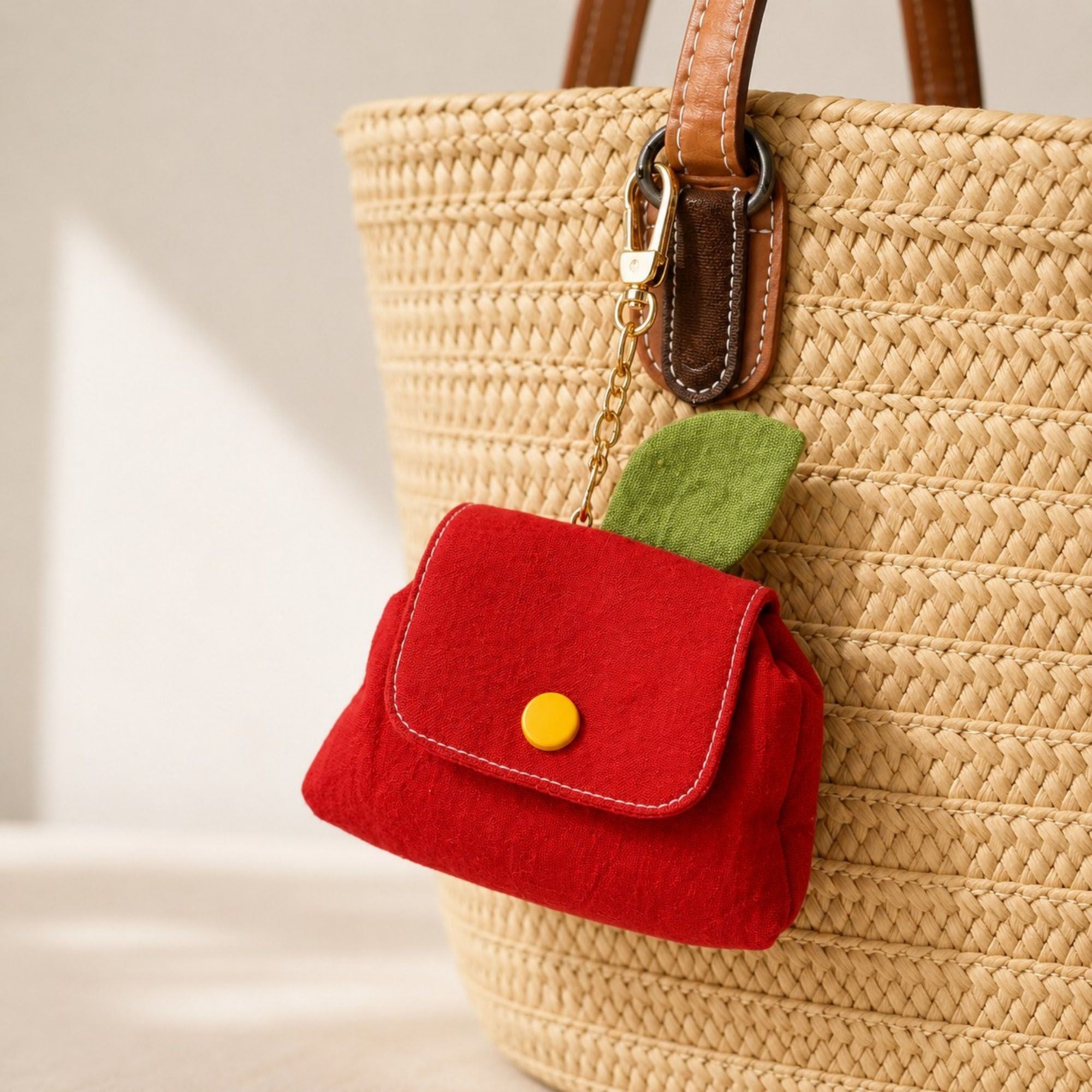 Apple-Shaped Mini Coin Purse Keychain with Snap Flap, Leaf Accent and Compact Earbud Card Storage Pouch