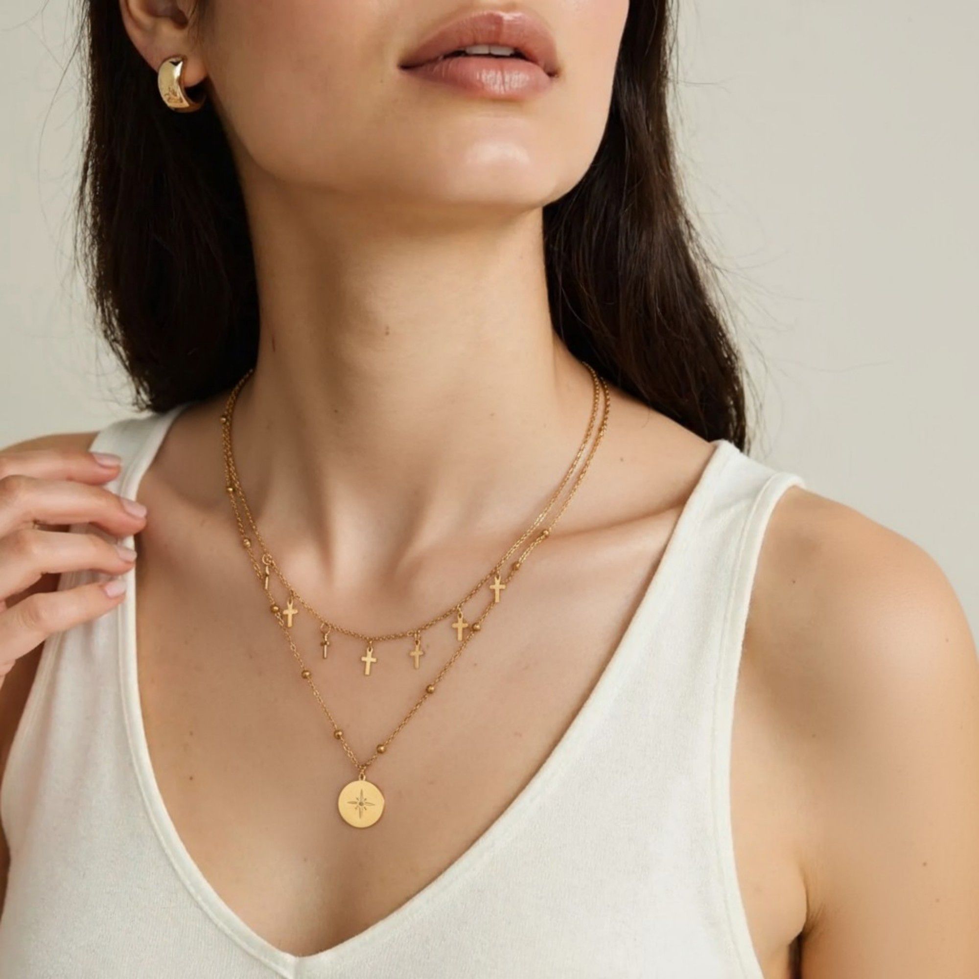 Women's Layered Necklace with Cross Charms and Compass Medallion Pendant