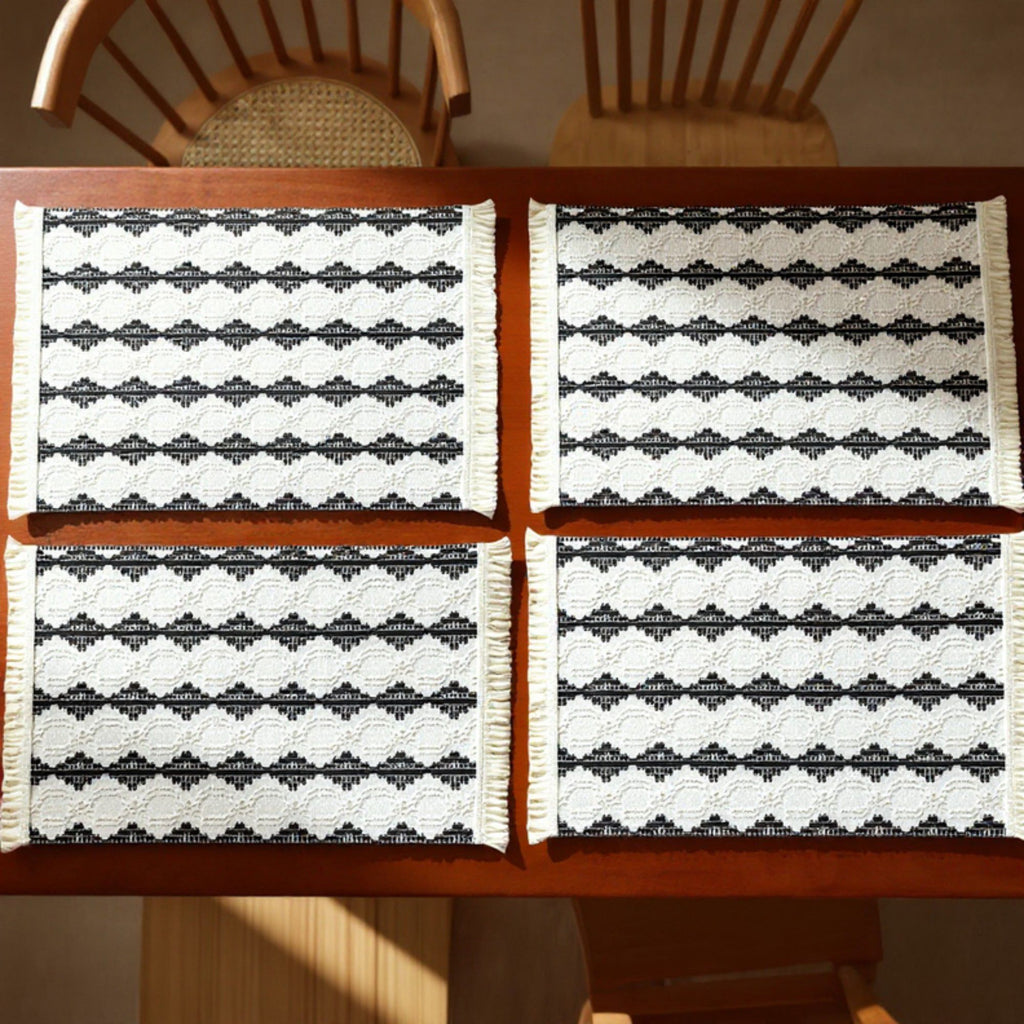 4 Set Woven Rectangular Placemats with Black Geometric Pattern and Fringe Edges 13x19.5 in