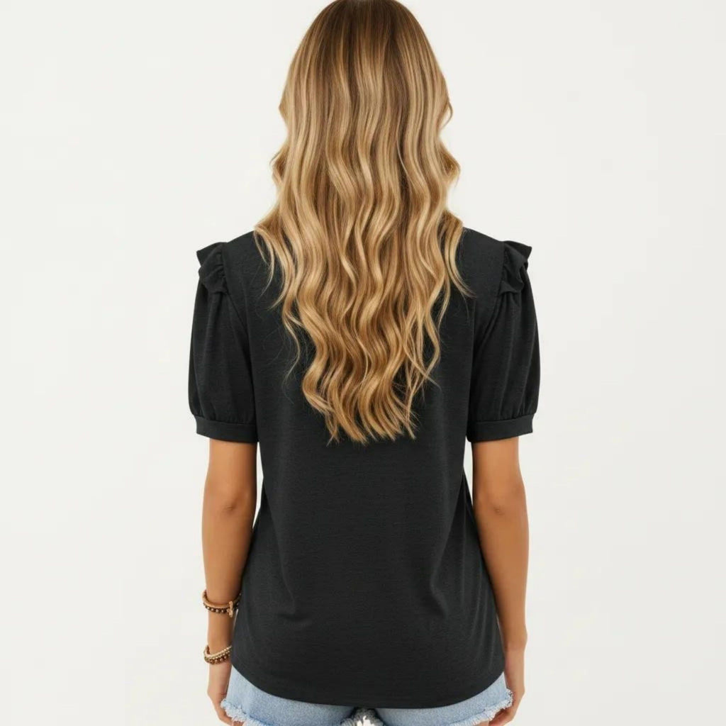 Anna-Kaci Women's Short Puff Sleeve Top with Scoop Neck Textured Knit Relaxed Fit Casual Shirt