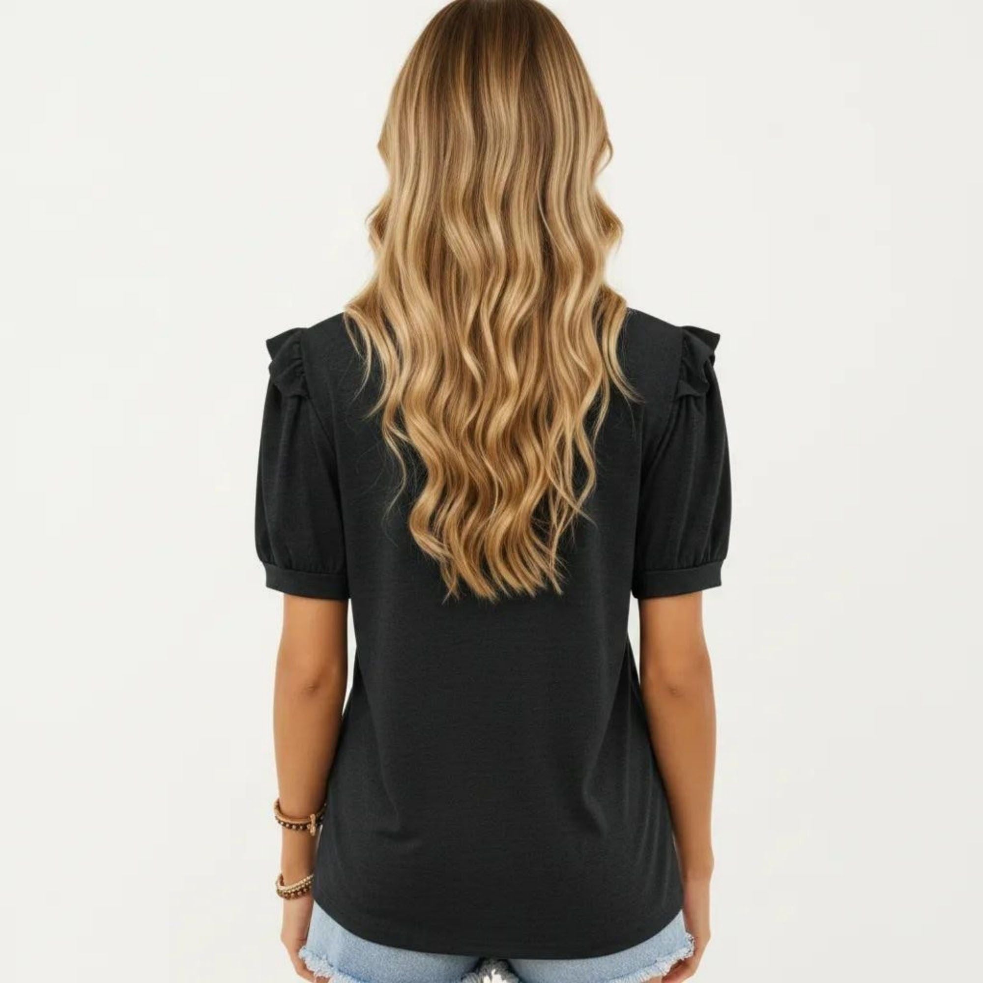 Anna-Kaci Women's Short Puff Sleeve Top with Scoop Neck Textured Knit Relaxed Fit Casual Shirt