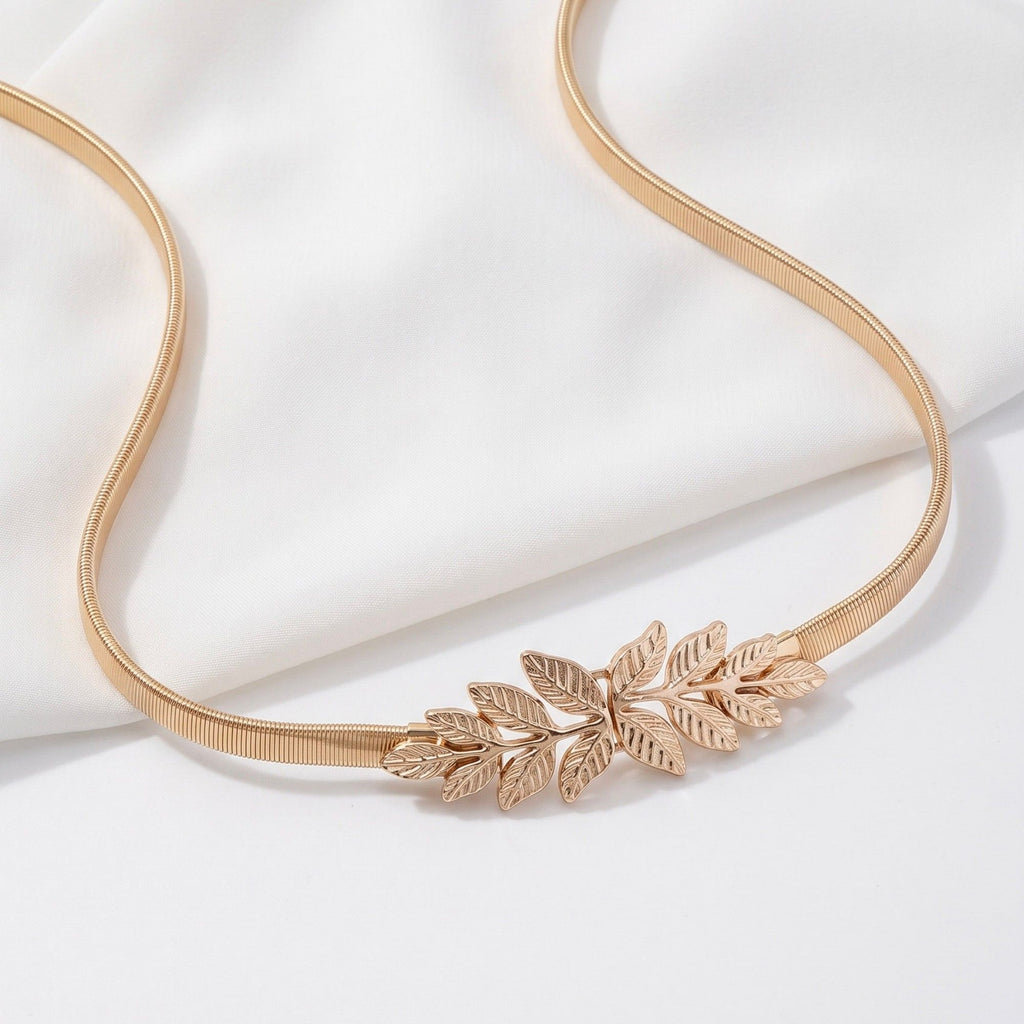 Dual Leaf Elastic Metal Waist Belt Adjustable Minimalist Leaf Waist Jewelry 47.2in