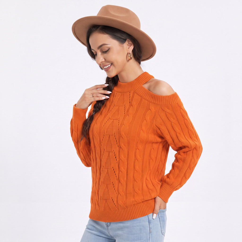 Mock Neck Cold Shoulder Cable Knit Long Sleeve Pullover Sweater